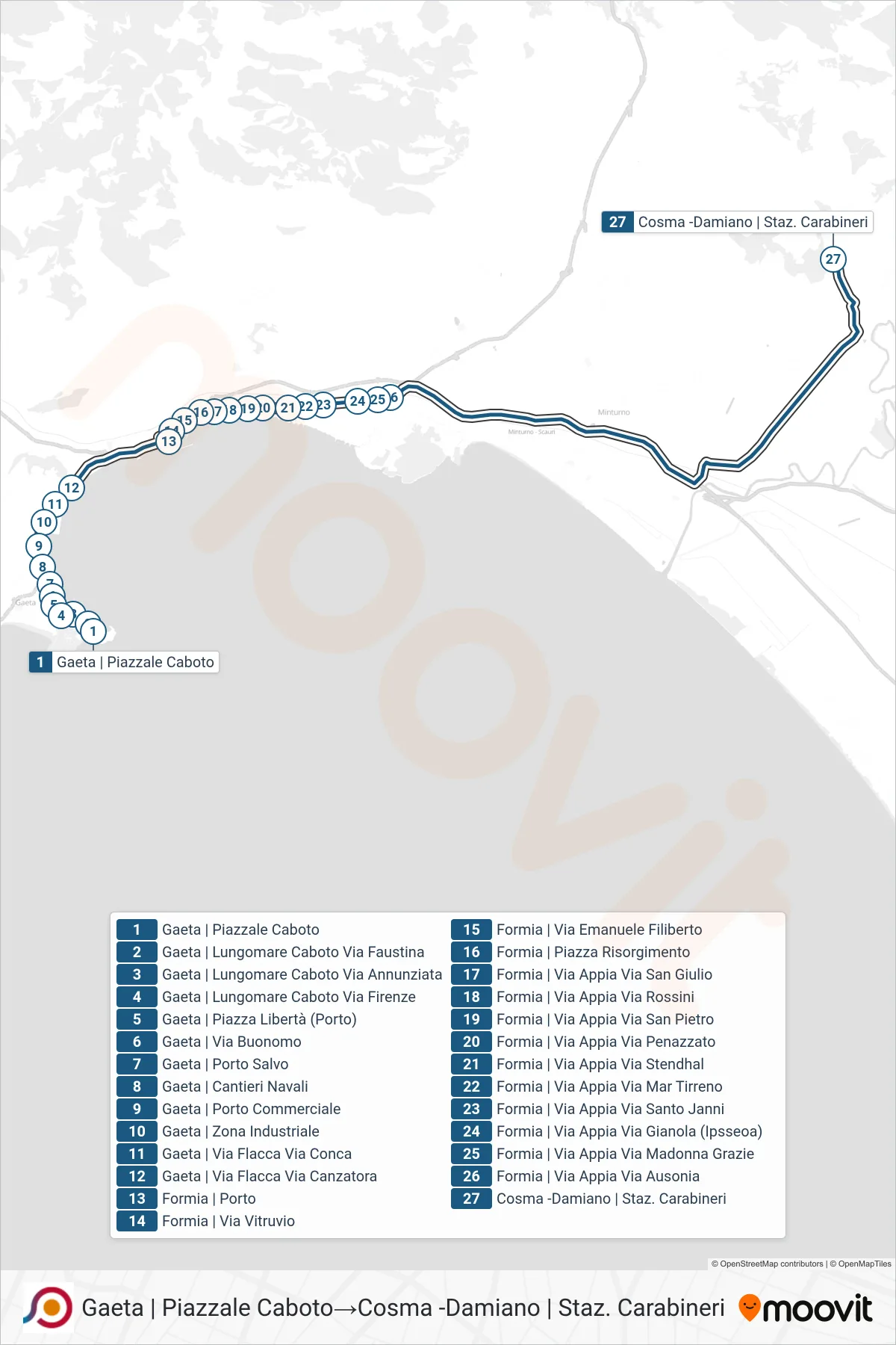 Linea COTRAL bus (Gaeta | Piazzale Caboto→Cosma -Damiano | Staz. Carabineri) - Percorsi e fermate sulla mappa