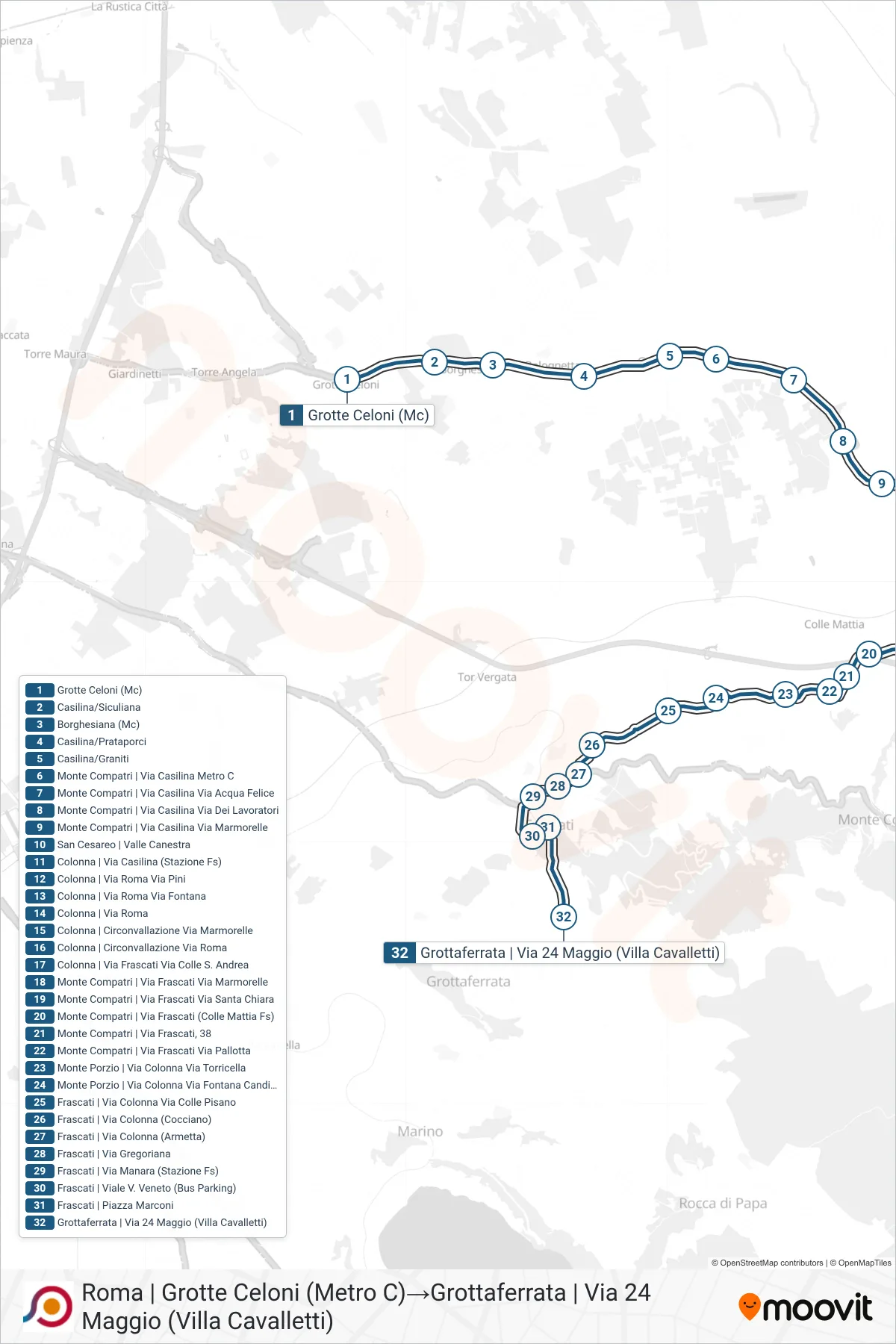 Linea COTRAL bus (Roma | Grotte Celoni (Metro C)→Grottaferrata | Via 24 Maggio (Villa Cavalletti)) - Percorsi e fermate sulla mappa