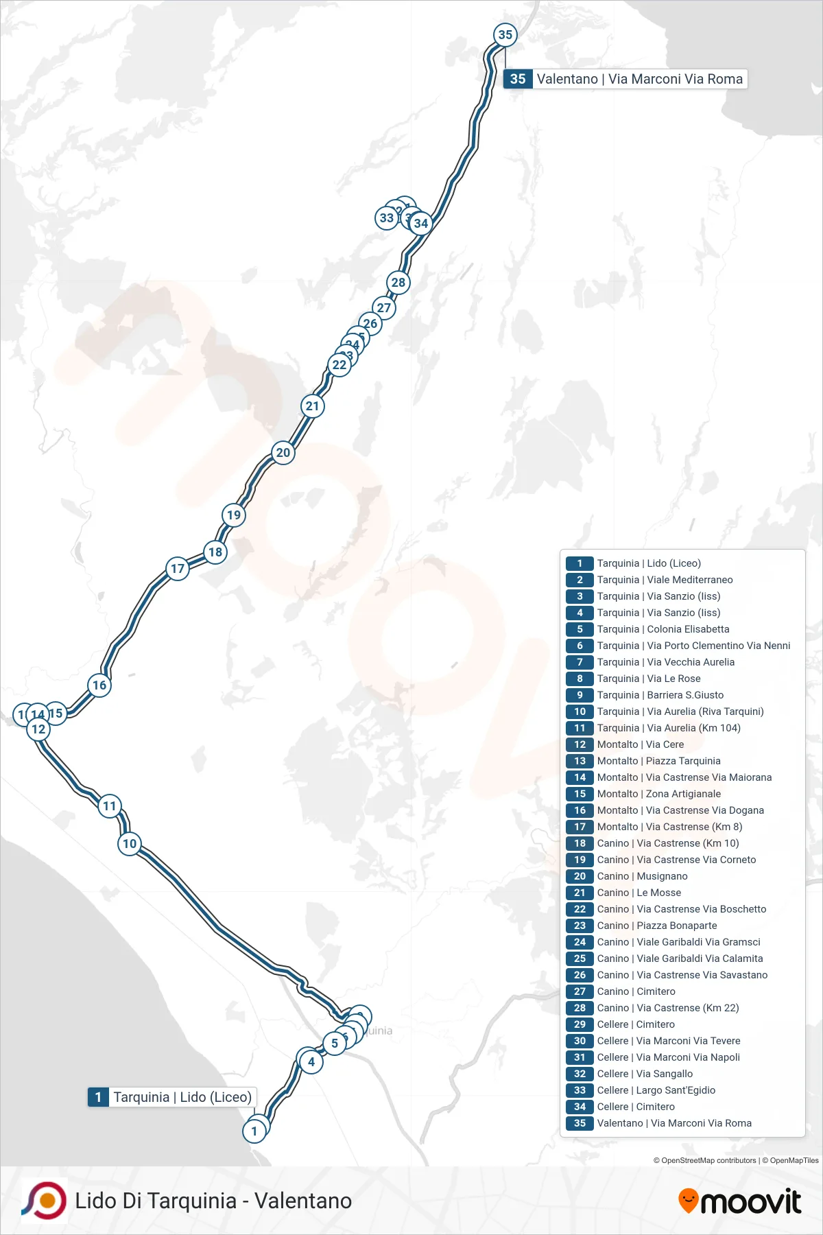 Linea COTRAL bus (Tarquinia | Lido (Liceo)→Valentano | Via Marconi Via Roma) - Percorsi e fermate sulla mappa