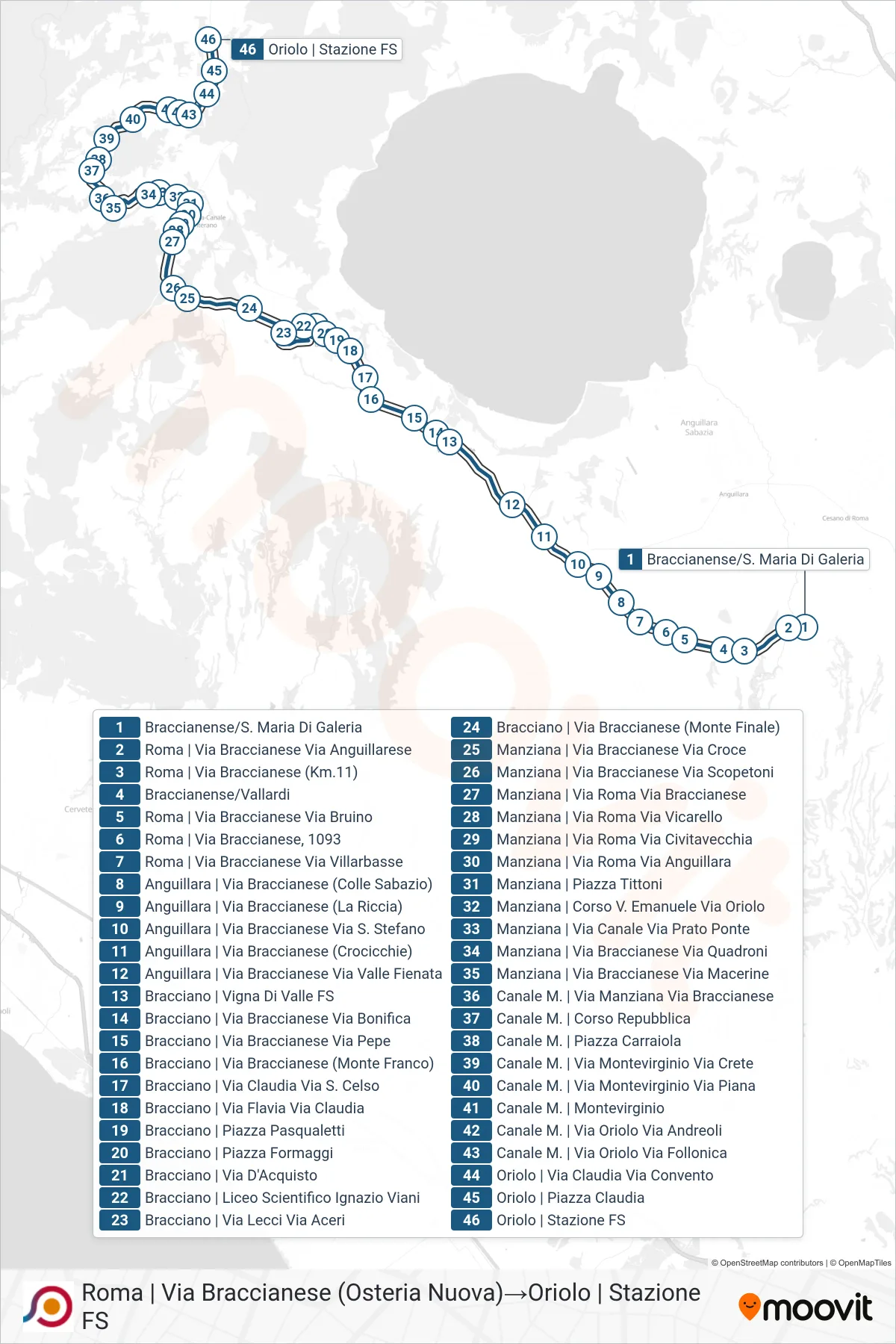 Linea COTRAL bus (Roma | Via Braccianese (Osteria Nuova)→Oriolo | Stazione FS) - Percorsi e fermate sulla mappa