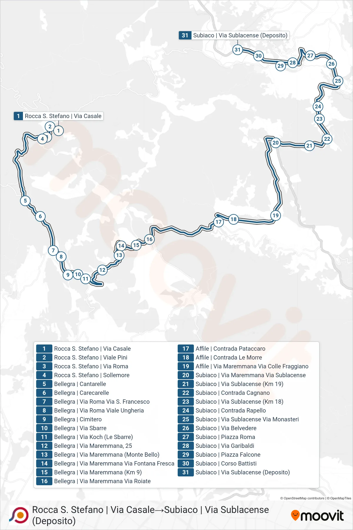Linea COTRAL bus (Rocca S. Stefano | Via Casale→Subiaco | Via Sublacense (Deposito)) - Percorsi e fermate sulla mappa