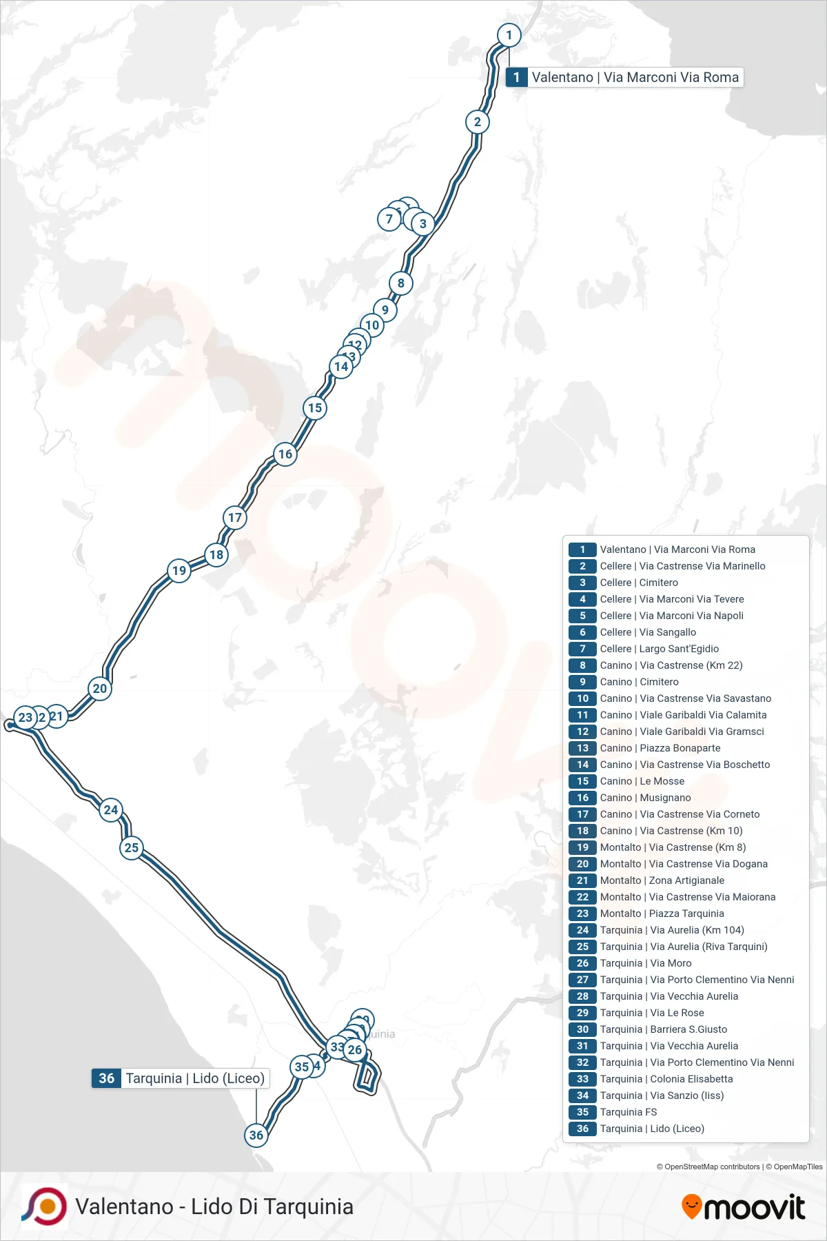 Linea COTRAL bus (Valentano | Via Marconi Via Roma→Tarquinia | Lido (Liceo)) - Percorsi e fermate sulla mappa