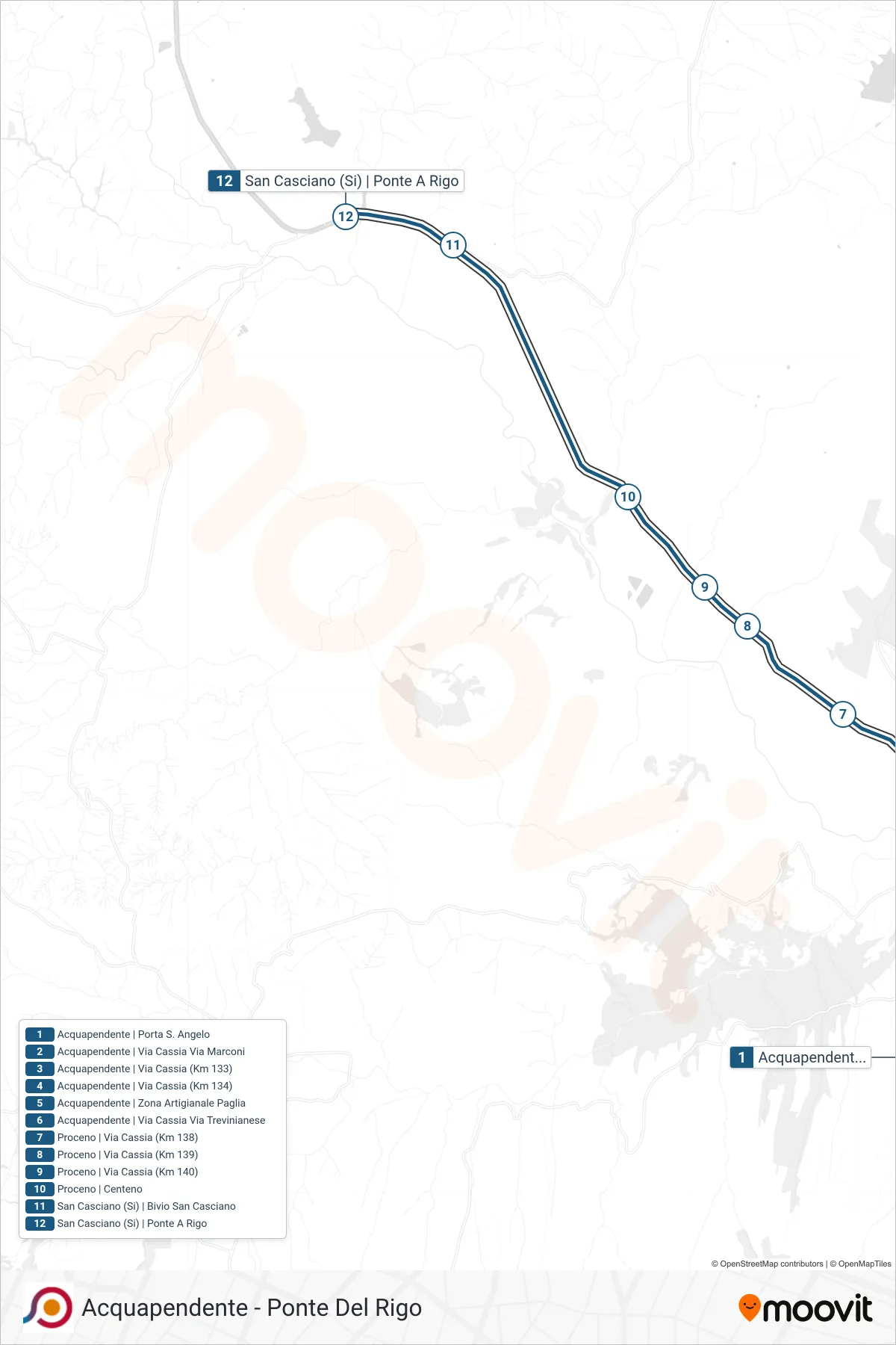 Linea COTRAL bus (Acquapendente | Porta S. Angelo→San Casciano (Si) | Ponte A Rigo) - Percorsi e fermate sulla mappa