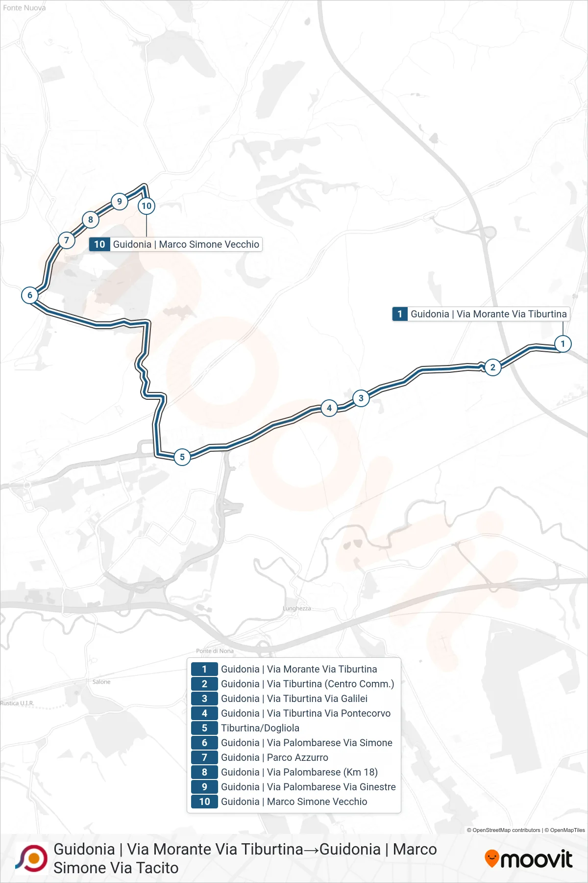 Linea COTRAL bus (Guidonia | Via Morante Via Tiburtina→Guidonia | Marco Simone Via Tacito) - Percorsi e fermate sulla mappa