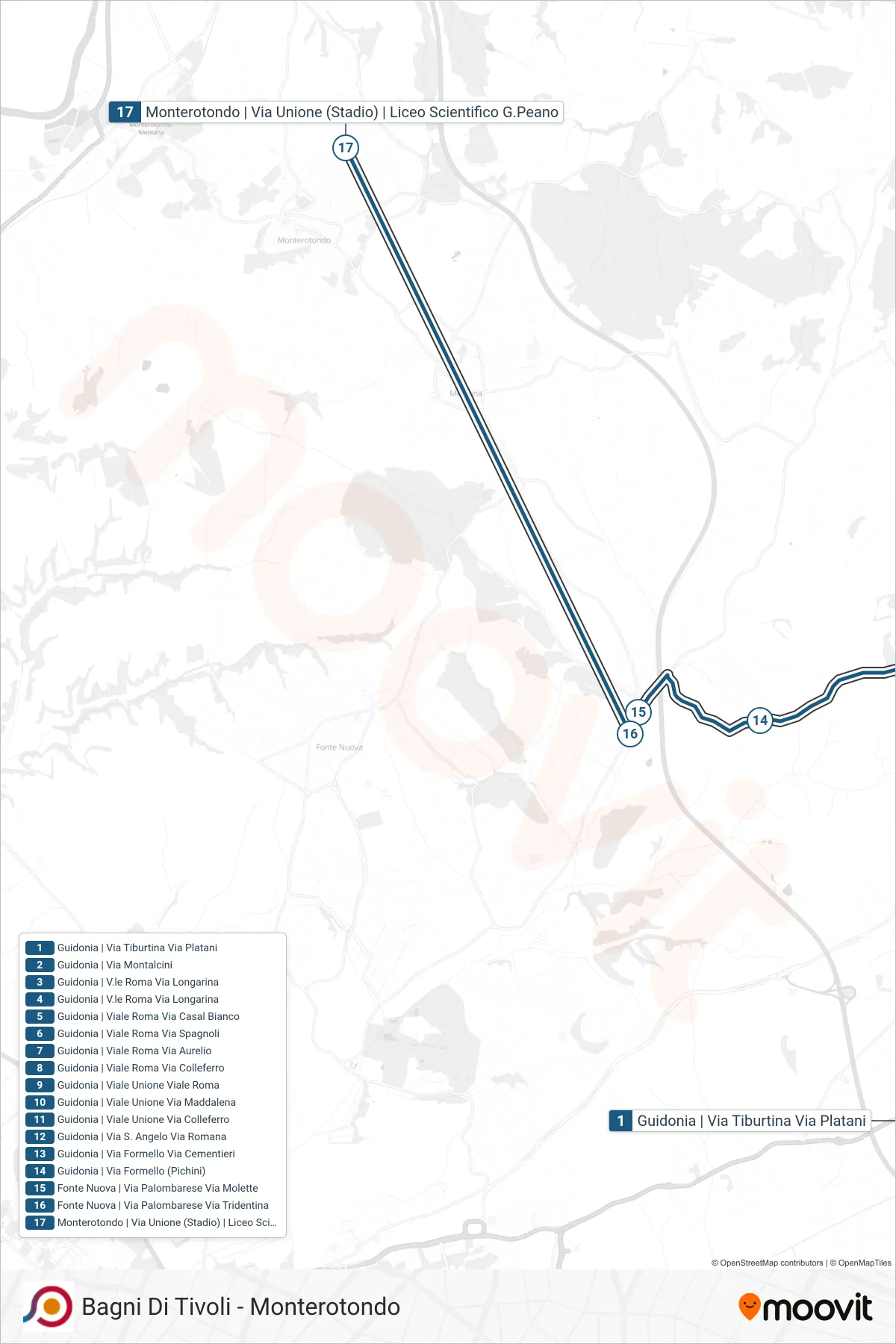 Linea COTRAL bus (Guidonia | Via Tiburtina Via Platani→Monterotondo | Via Unione (Stadio) | Liceo Scientifico G.Peano) - Percorsi e fermate sulla mappa