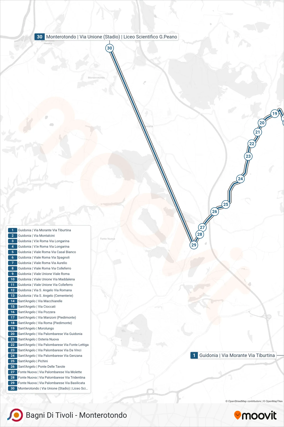 Linea COTRAL bus (Guidonia | Via Morante Via Tiburtina→Monterotondo | Via Unione (Stadio) | Liceo Scientifico G.Peano) - Percorsi e fermate sulla mappa