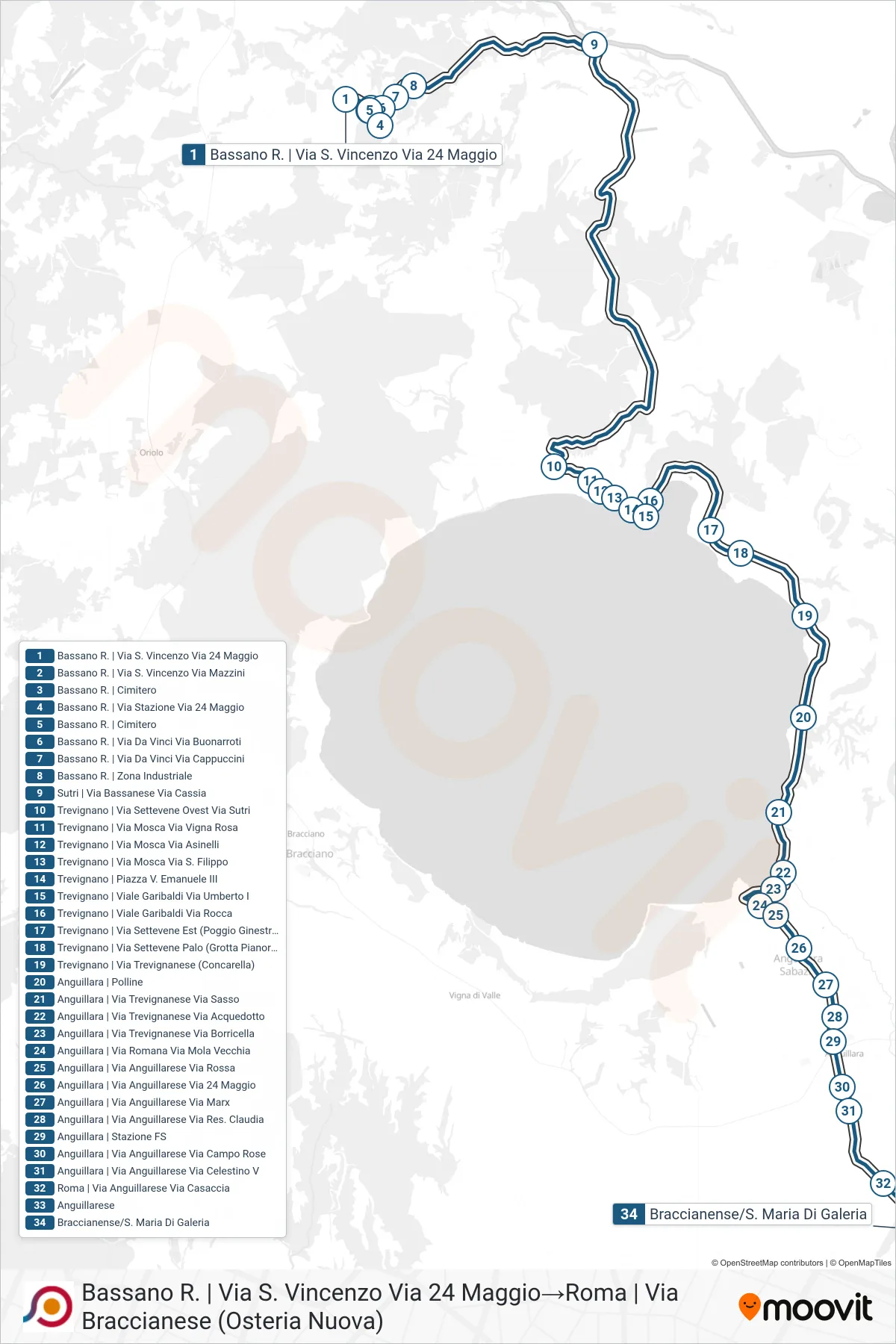 Linea COTRAL bus (Bassano R. | Via S. Vincenzo Via 24 Maggio→Roma | Via Braccianese (Osteria Nuova)) - Percorsi e fermate sulla mappa