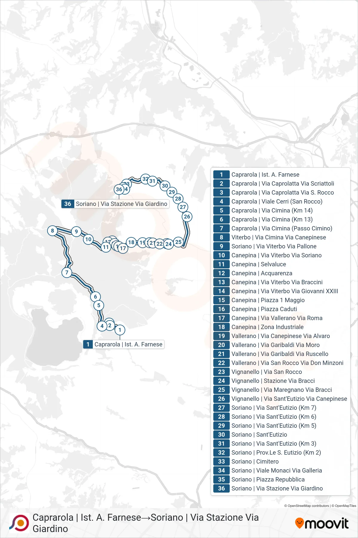 Linea COTRAL bus (Caprarola | Ist. A. Farnese→Soriano | Via Stazione Via Giardino) - Percorsi e fermate sulla mappa