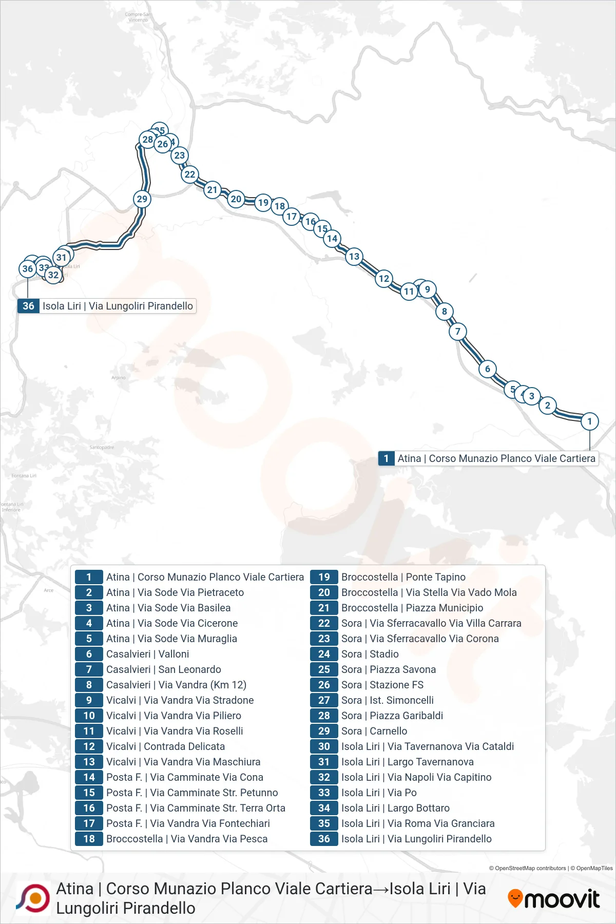 Linea COTRAL bus (Atina | Corso Munazio Planco Viale Cartiera→Isola Liri | Via Lungoliri Pirandello) - Percorsi e fermate sulla mappa