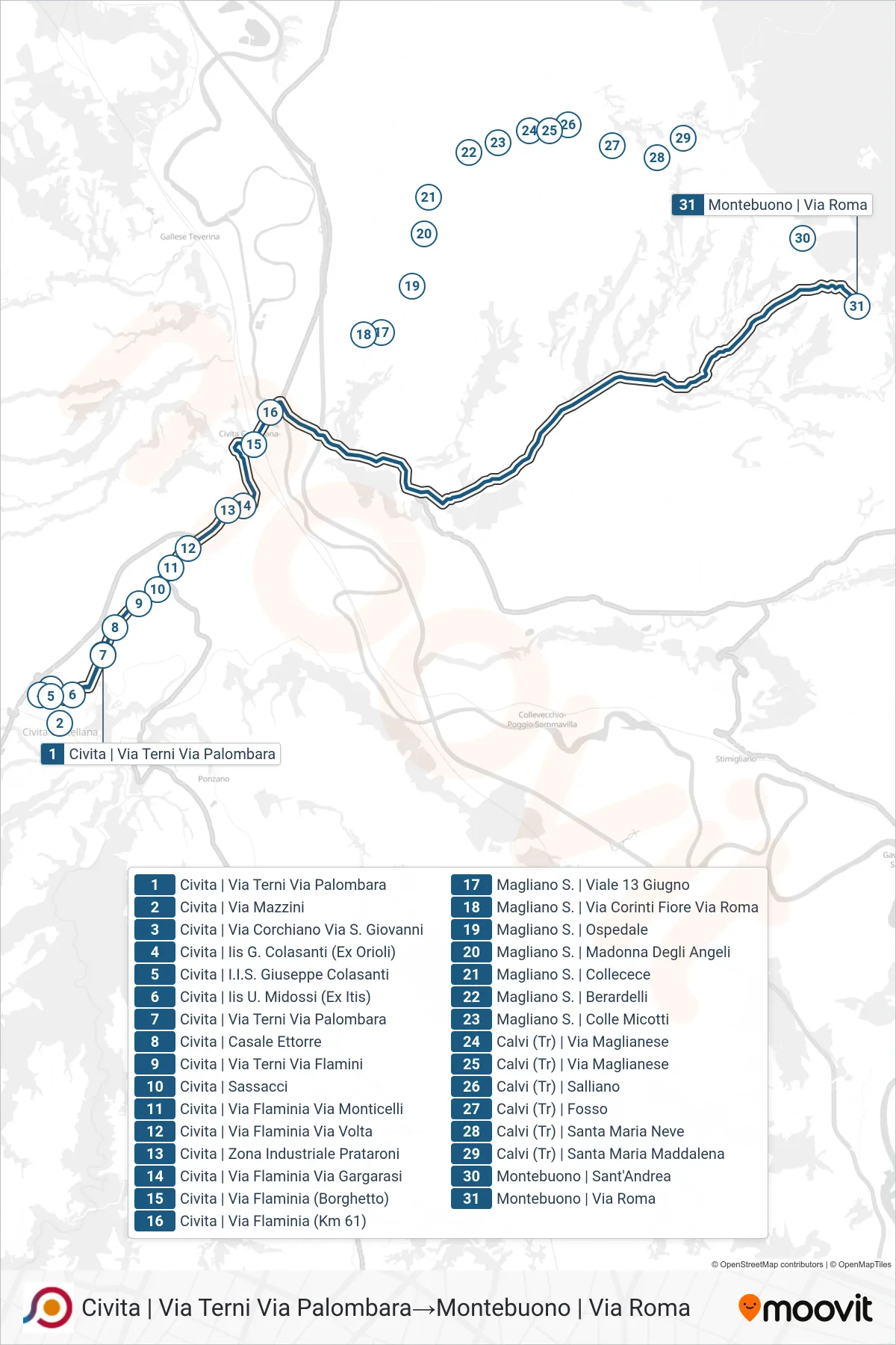 Linea COTRAL bus (Civita | Via Terni Via Palombara→Montebuono | Via Roma) - Percorsi e fermate sulla mappa