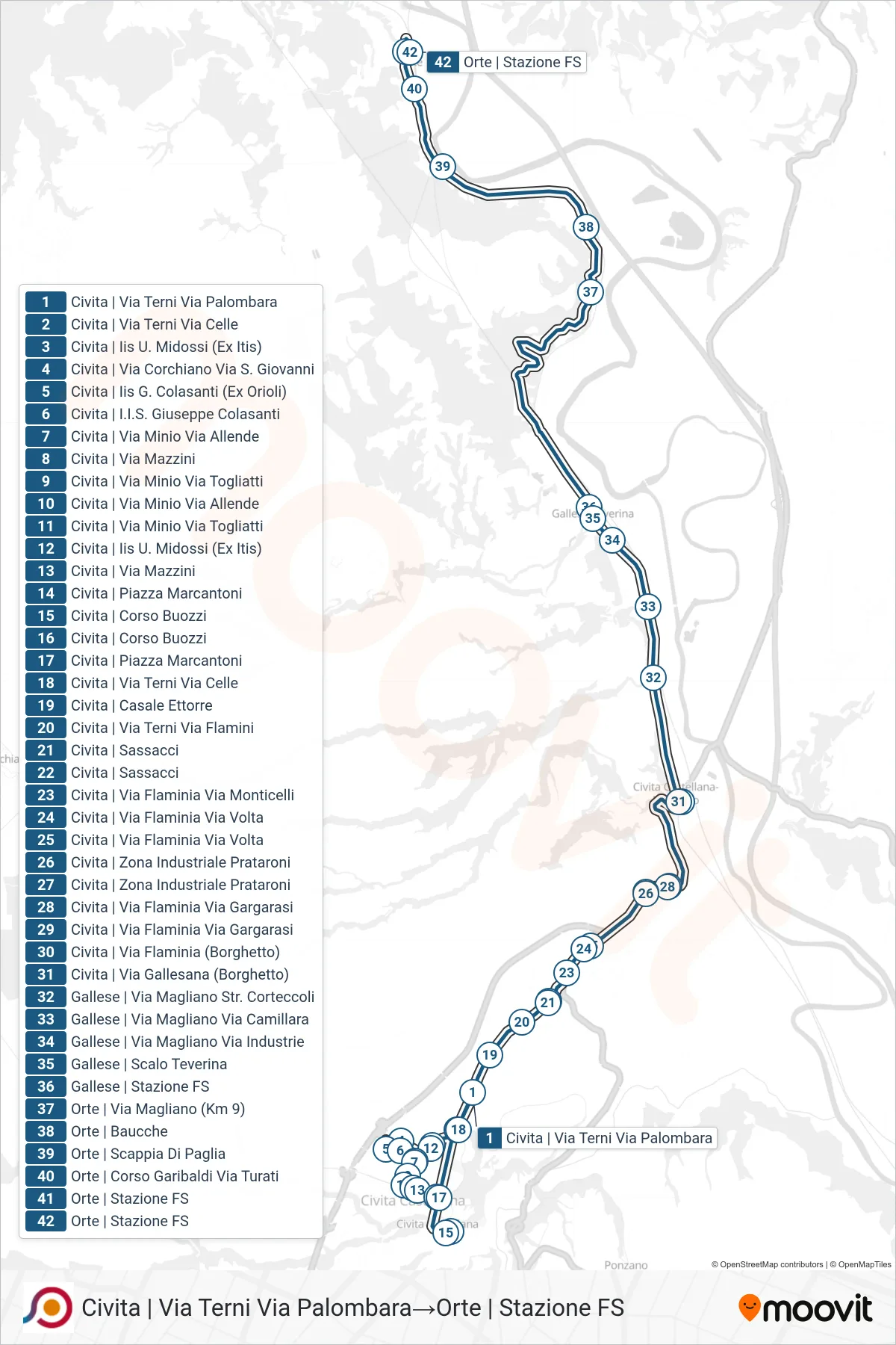 Linea COTRAL  bus (Civita | Via Terni Via Palombara‎→Orte | Stazione FS) - Percorsi e fermate sulla mappa