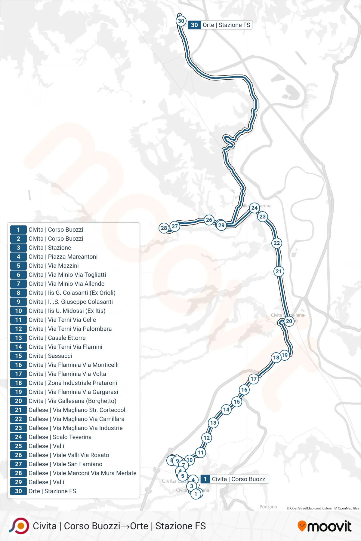 Linea COTRAL bus (Civita | Corso Buozzi→Orte | Stazione FS) - Percorsi e fermate sulla mappa