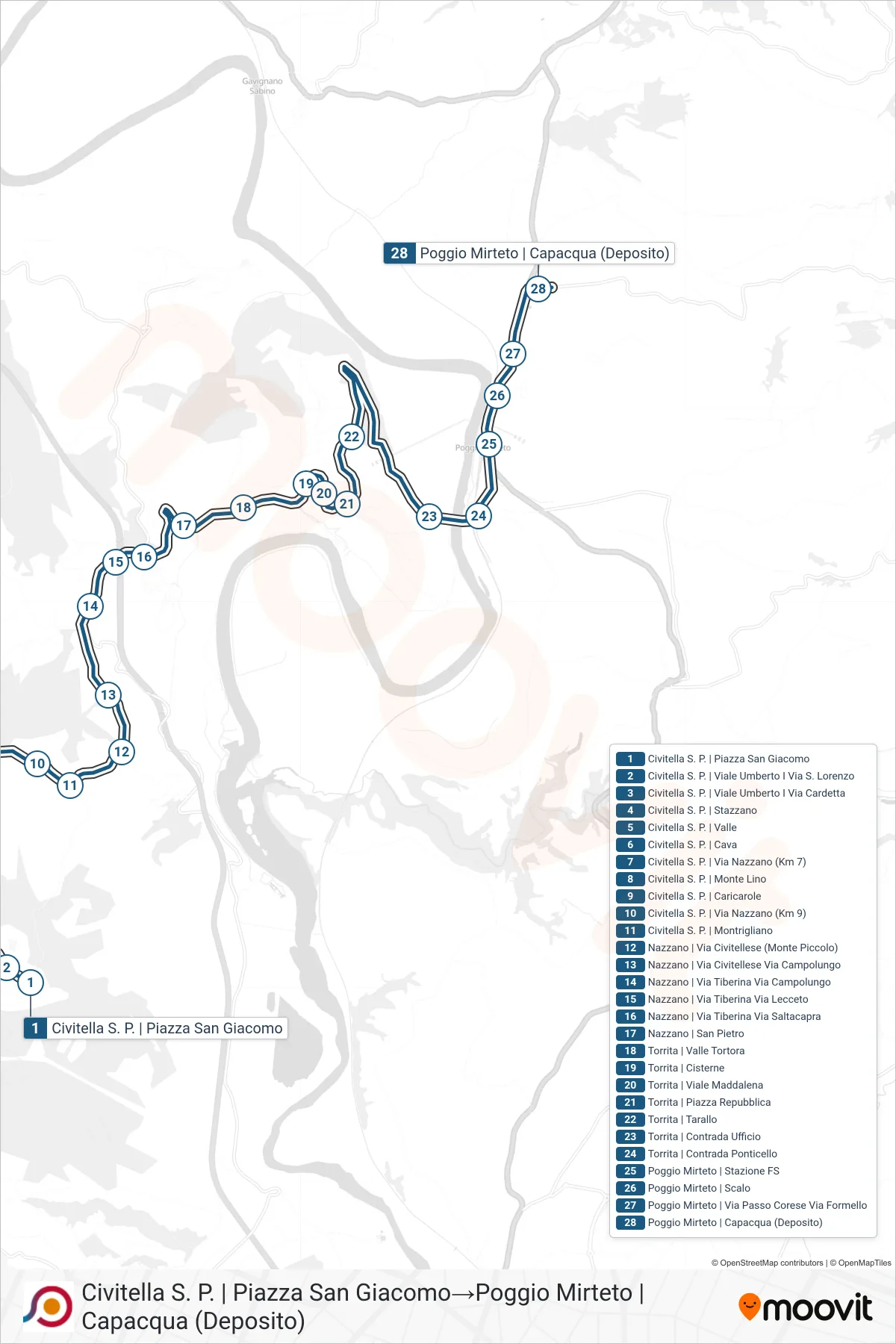 Linea COTRAL bus (Civitella S. P. | Piazza San Giacomo→Poggio Mirteto | Capacqua (Deposito)) - Percorsi e fermate sulla mappa