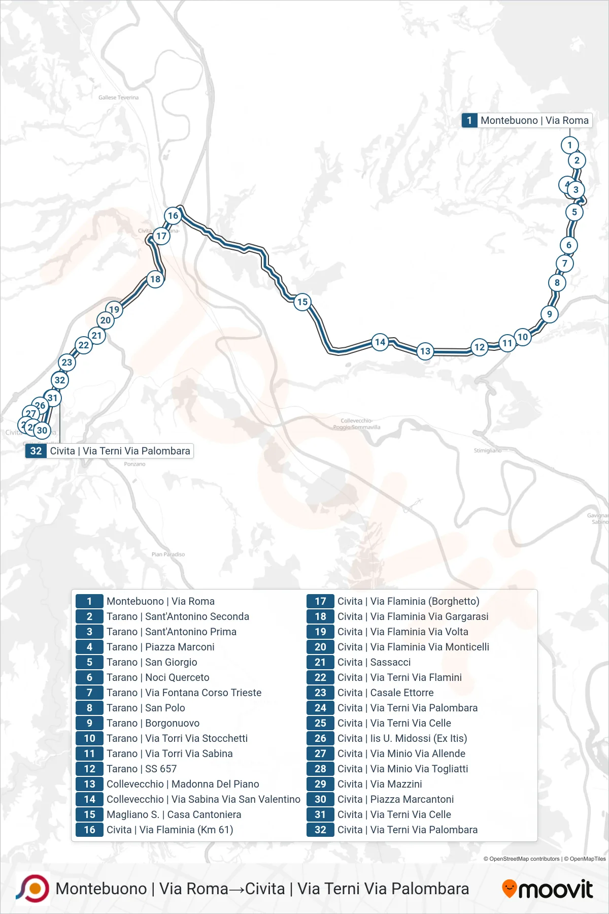 Linea COTRAL bus (Montebuono | Via Roma→Civita | Via Terni Via Palombara) - Percorsi e fermate sulla mappa