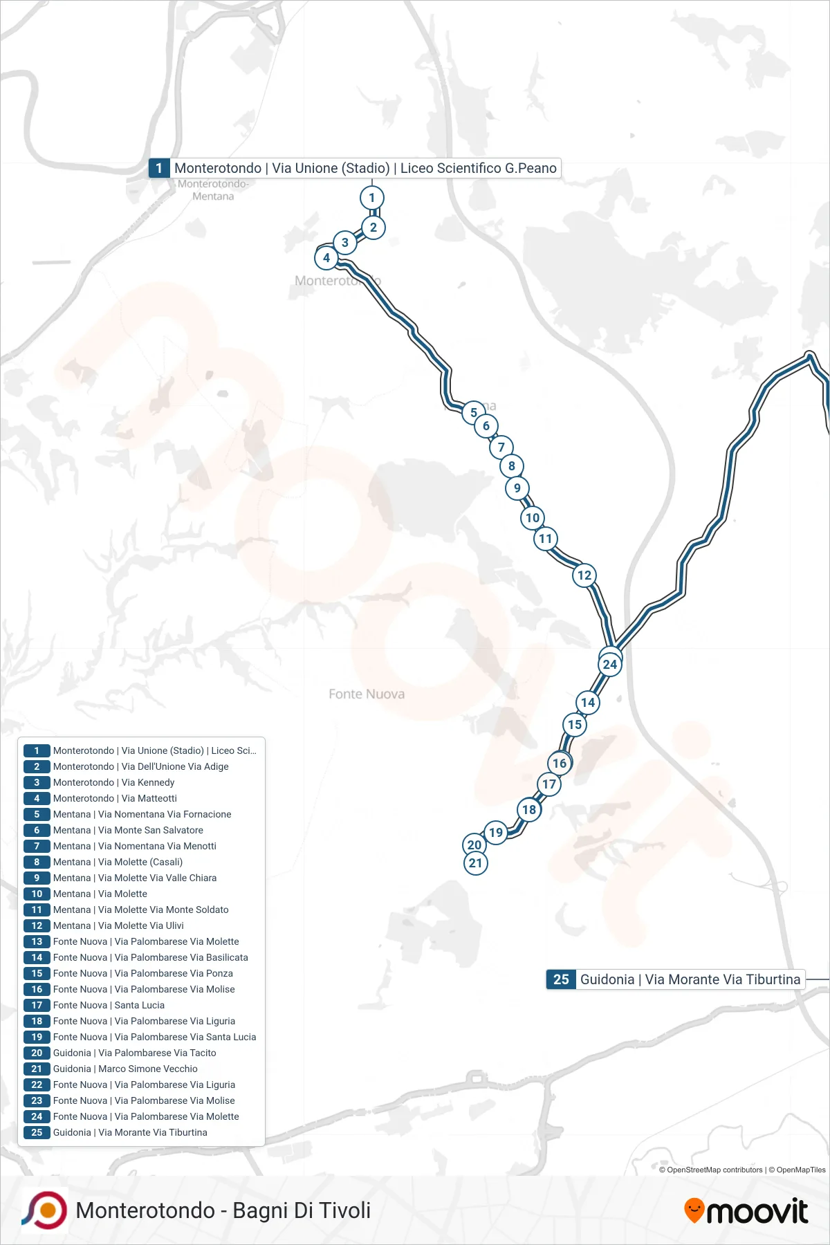 Linea COTRAL bus (Monterotondo | Via Unione (Stadio) | Liceo Scientifico G.Peano→Guidonia | Via Morante Via Tiburtina) - Percorsi e fermate sulla mappa