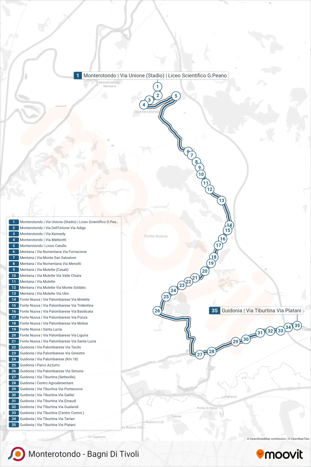 Linea COTRAL bus (Monterotondo | Via Unione (Stadio) | Liceo Scientifico G.Peano→Guidonia | Via Tiburtina Via Platani) - Percorsi e fermate sulla mappa