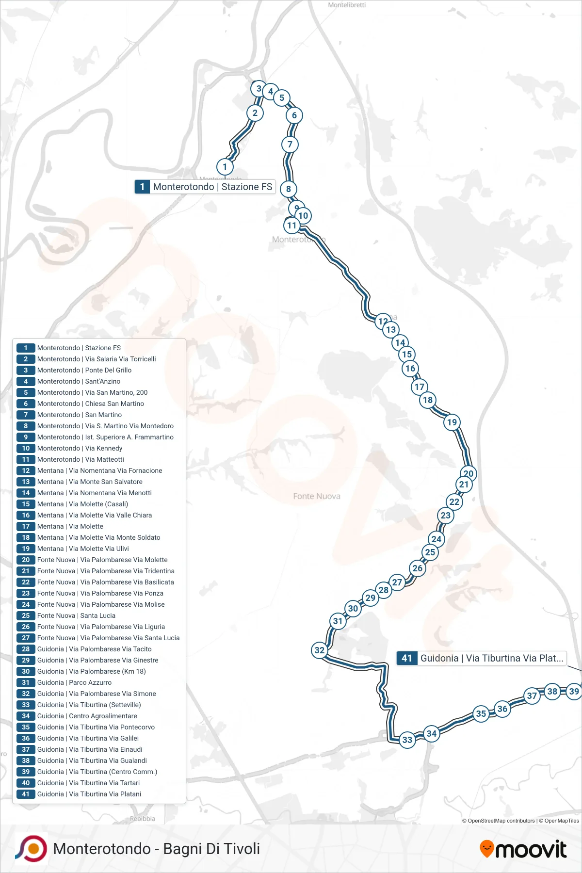 Linea COTRAL bus (Monterotondo | Stazione FS→Guidonia | Via Tiburtina Via Platani) - Percorsi e fermate sulla mappa