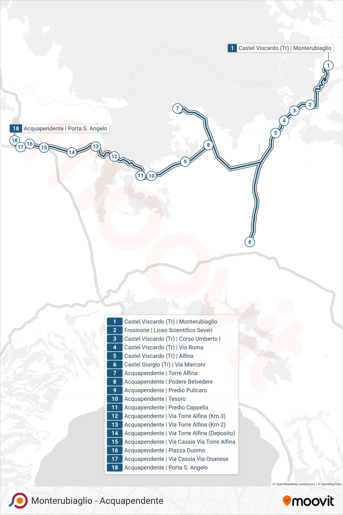 Linea COTRAL bus (Castel Viscardo (Tr) | Monterubiaglio→Acquapendente | Porta S. Angelo) - Percorsi e fermate sulla mappa