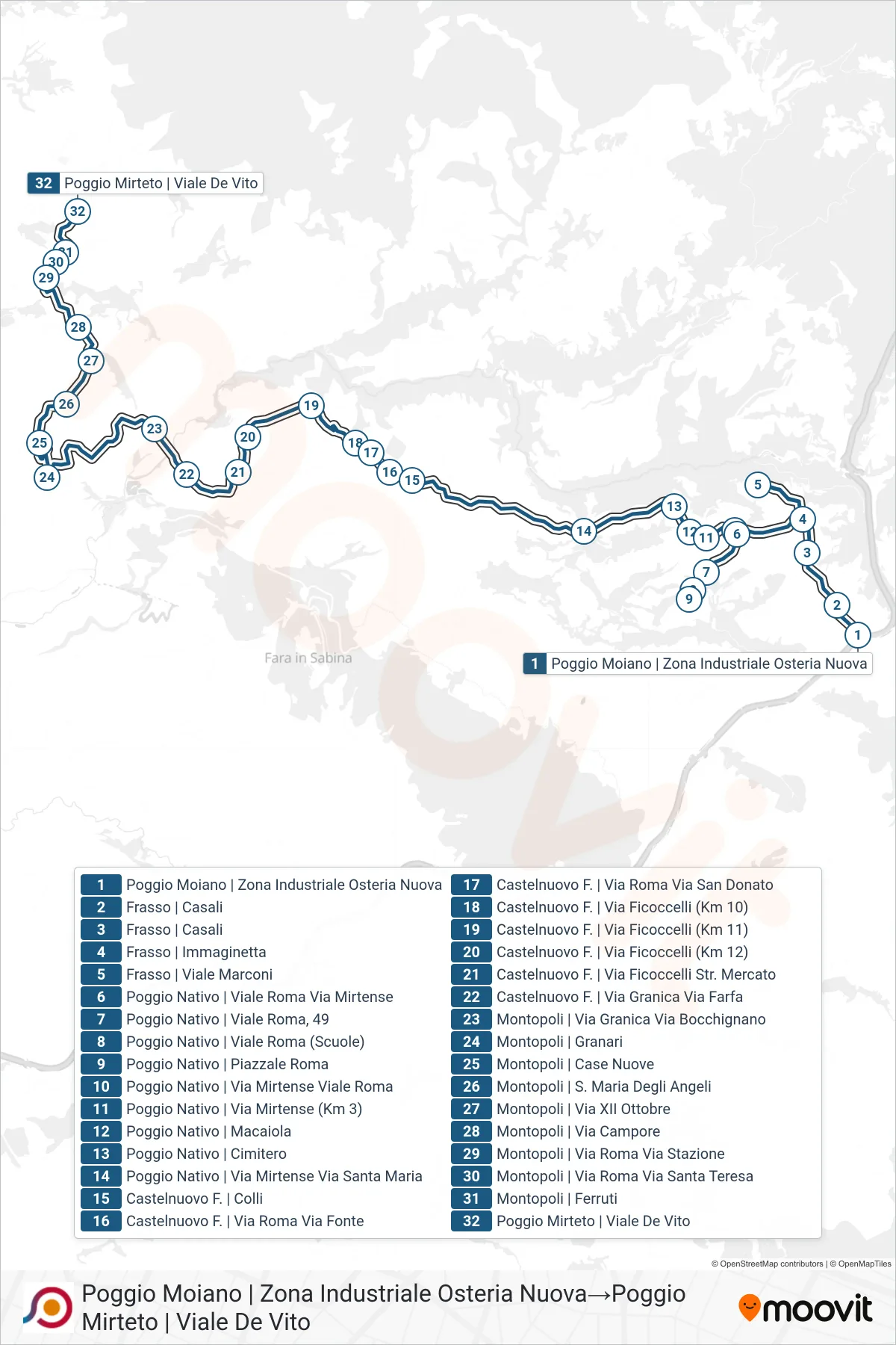COTRAL bus Line (Poggio Moiano | Osteria Nuova Industrial Zone→Poggio Mirteto | Viale De Vito) route and stops on a map