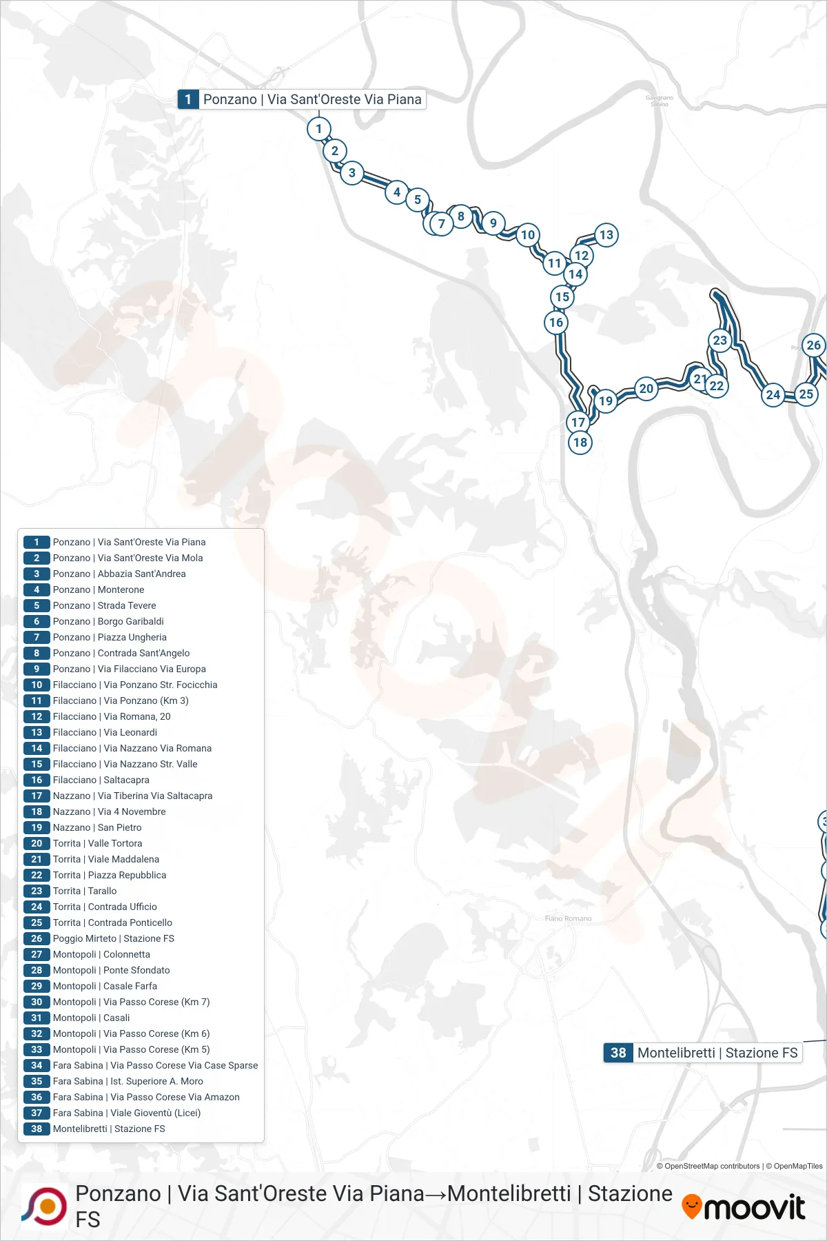 Linea COTRAL bus (Ponzano | Via Sant'Oreste Via Piana→Montelibretti | Stazione FS) - Percorsi e fermate sulla mappa