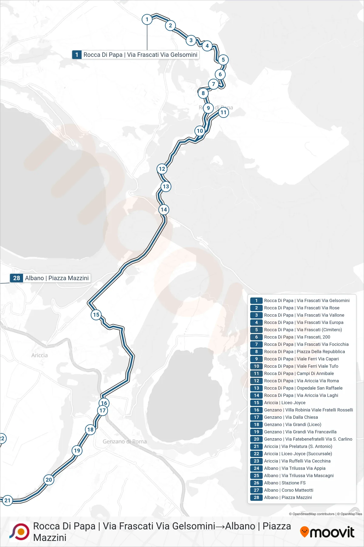Linea COTRAL  bus (Rocca Di Papa | Via Frascati Via Gelsomini‎→Albano | Piazza Mazzini) - Percorsi e fermate sulla mappa