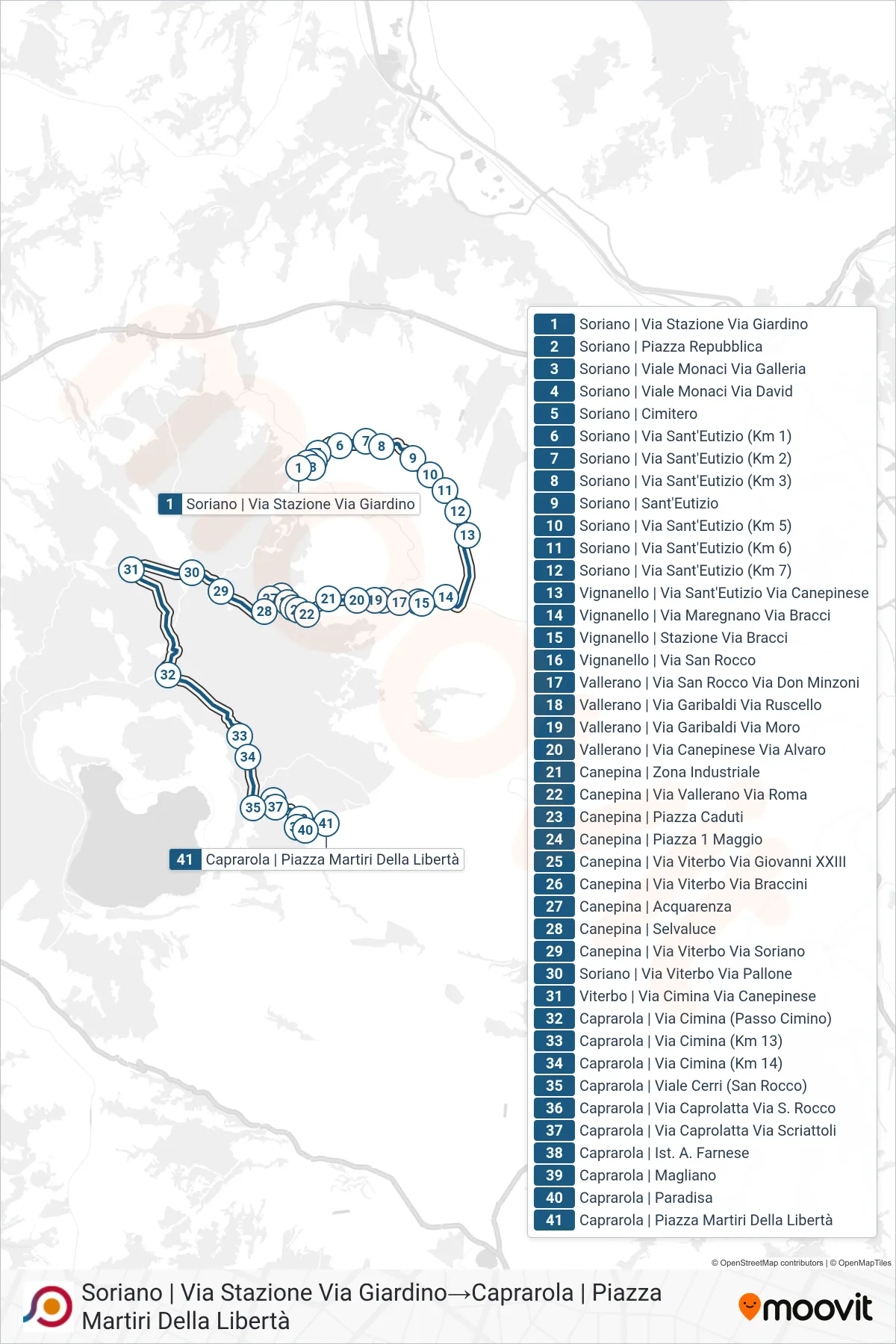 Linea COTRAL bus (Soriano | Via Stazione Via Giardino→Caprarola | Piazza Martiri Della Libertà) - Percorsi e fermate sulla mappa