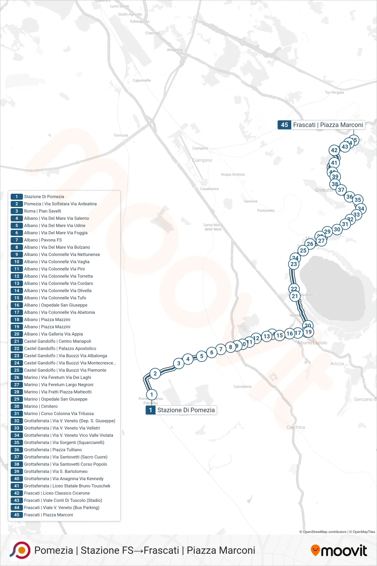 Linea COTRAL bus (Pomezia | Stazione FS→Frascati | Piazza Marconi) - Percorsi e fermate sulla mappa