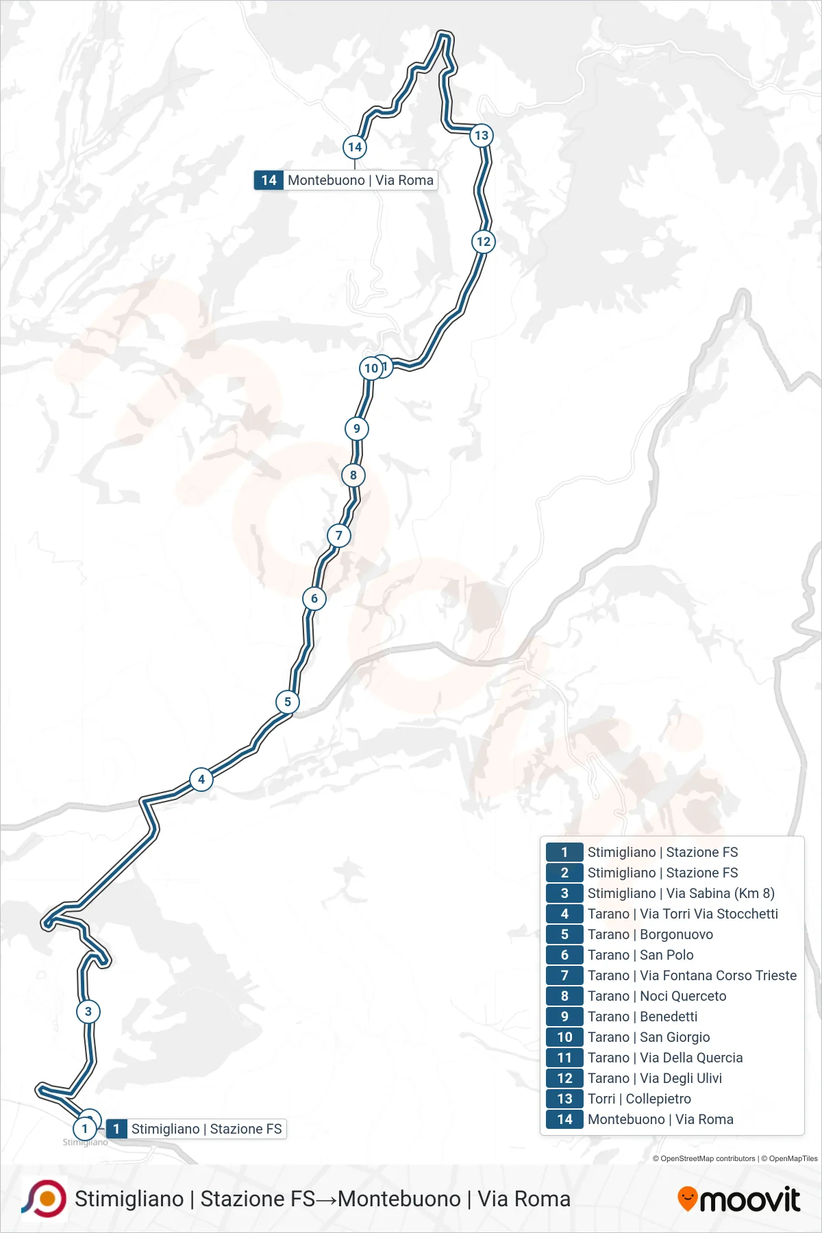 Linea COTRAL bus (Stimigliano | Stazione FS→Montebuono | Via Roma) - Percorsi e fermate sulla mappa