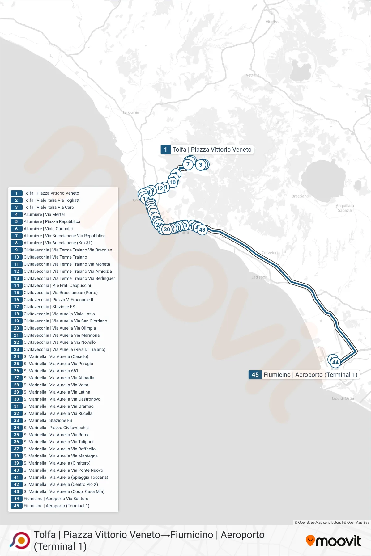 Linea COTRAL bus (Tolfa | Piazza Vittorio Veneto→Fiumicino | Aeroporto (Terminal 1)) - Percorsi e fermate sulla mappa