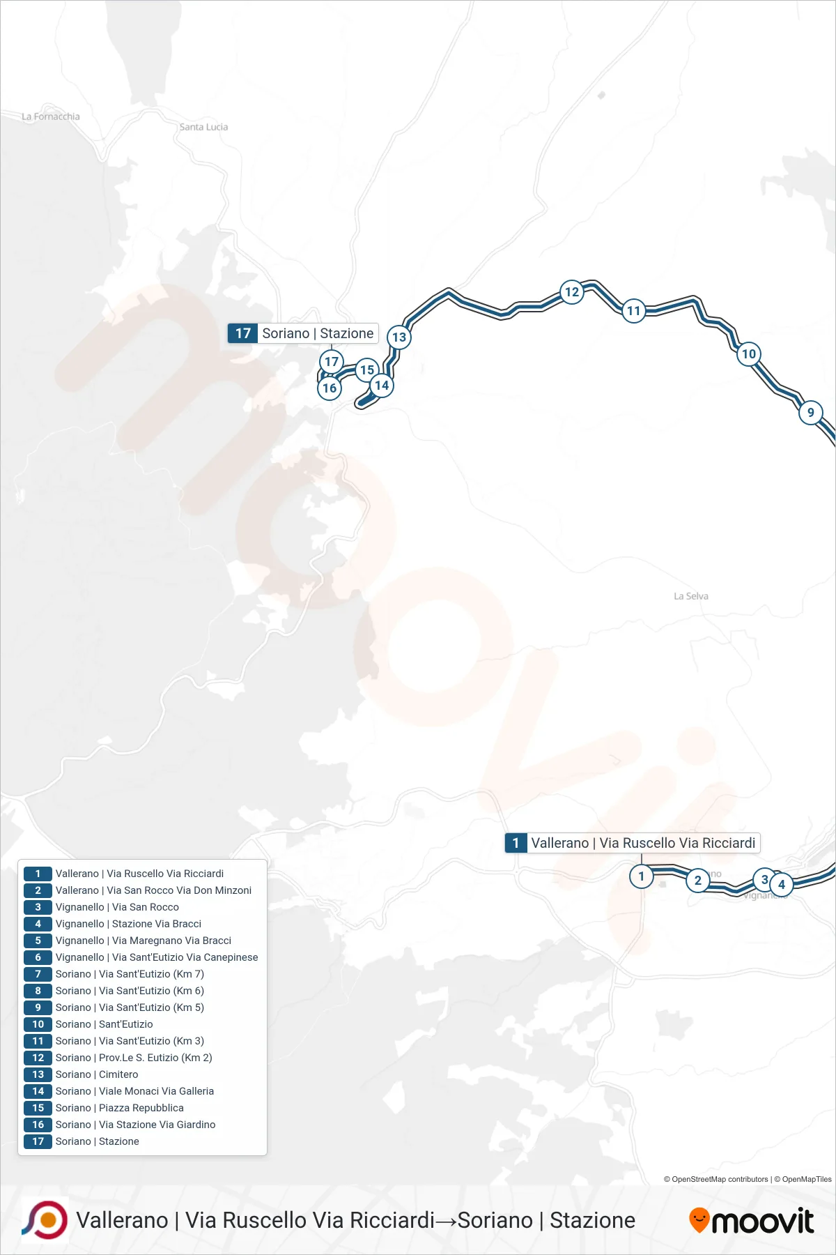 Linea COTRAL bus (Vallerano | Via Ruscello Via Ricciardi→Soriano | Stazione) - Percorsi e fermate sulla mappa