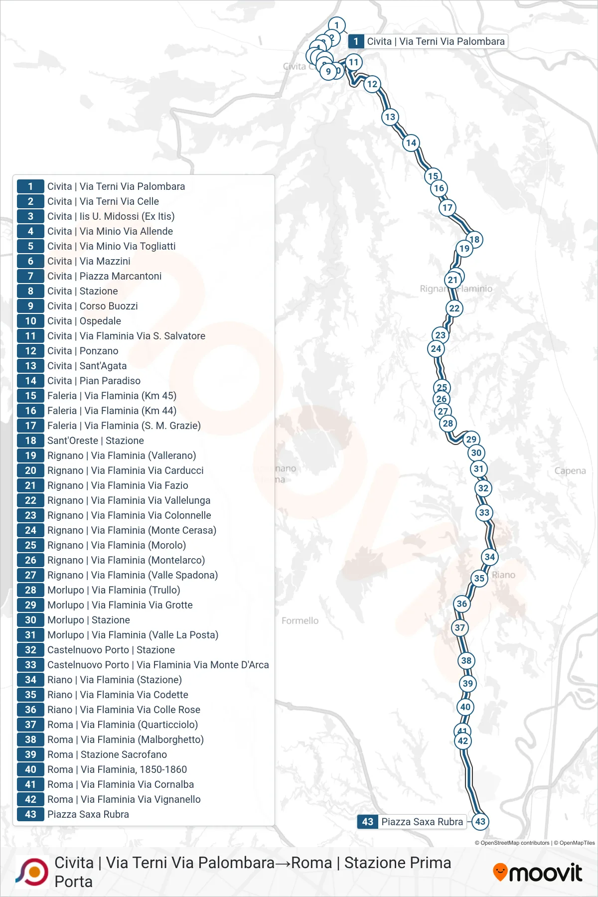 Linea COTRAL bus (Civita | Via Terni Via Palombara→Roma | Stazione Prima Porta) - Percorsi e fermate sulla mappa