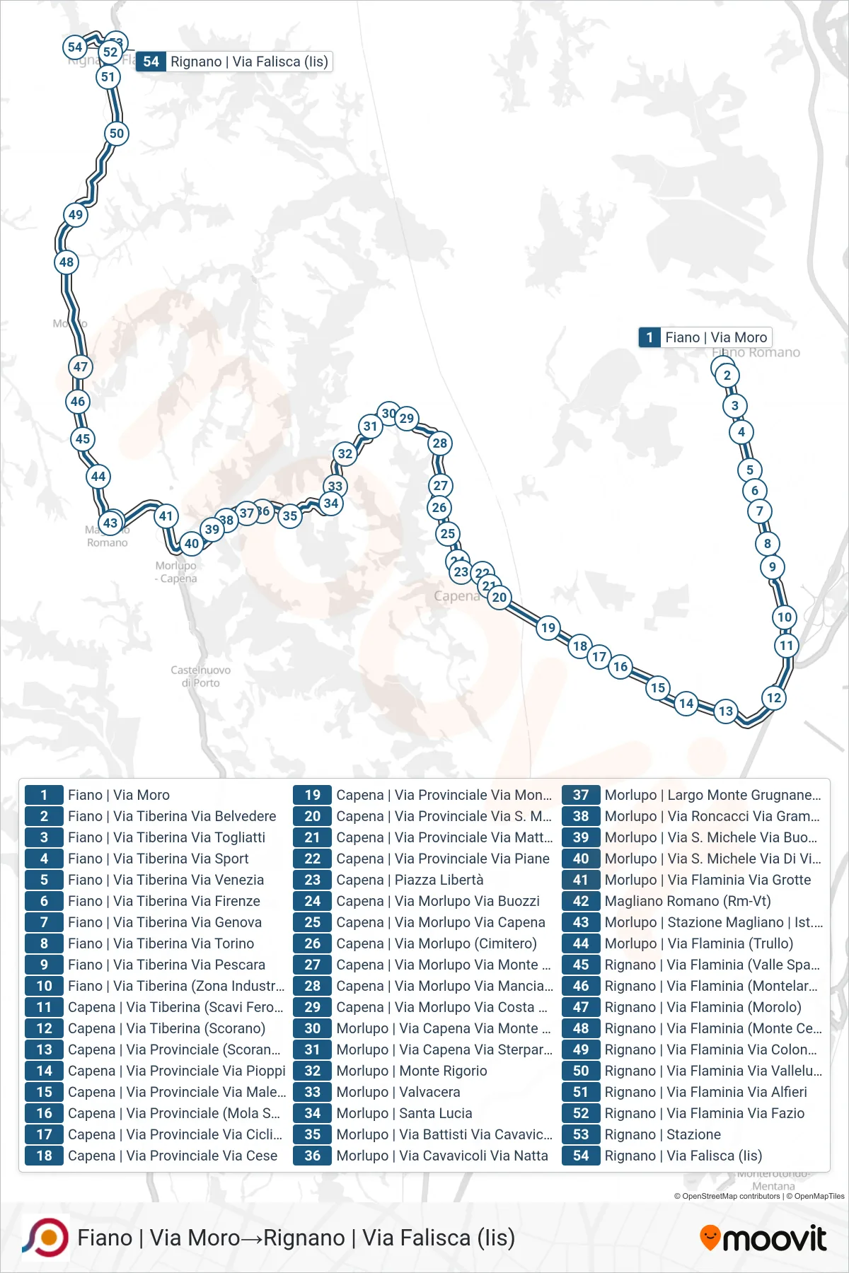 Linea COTRAL bus (Fiano | Via Moro→Rignano | Via Falisca (Iis)) - Percorsi e fermate sulla mappa