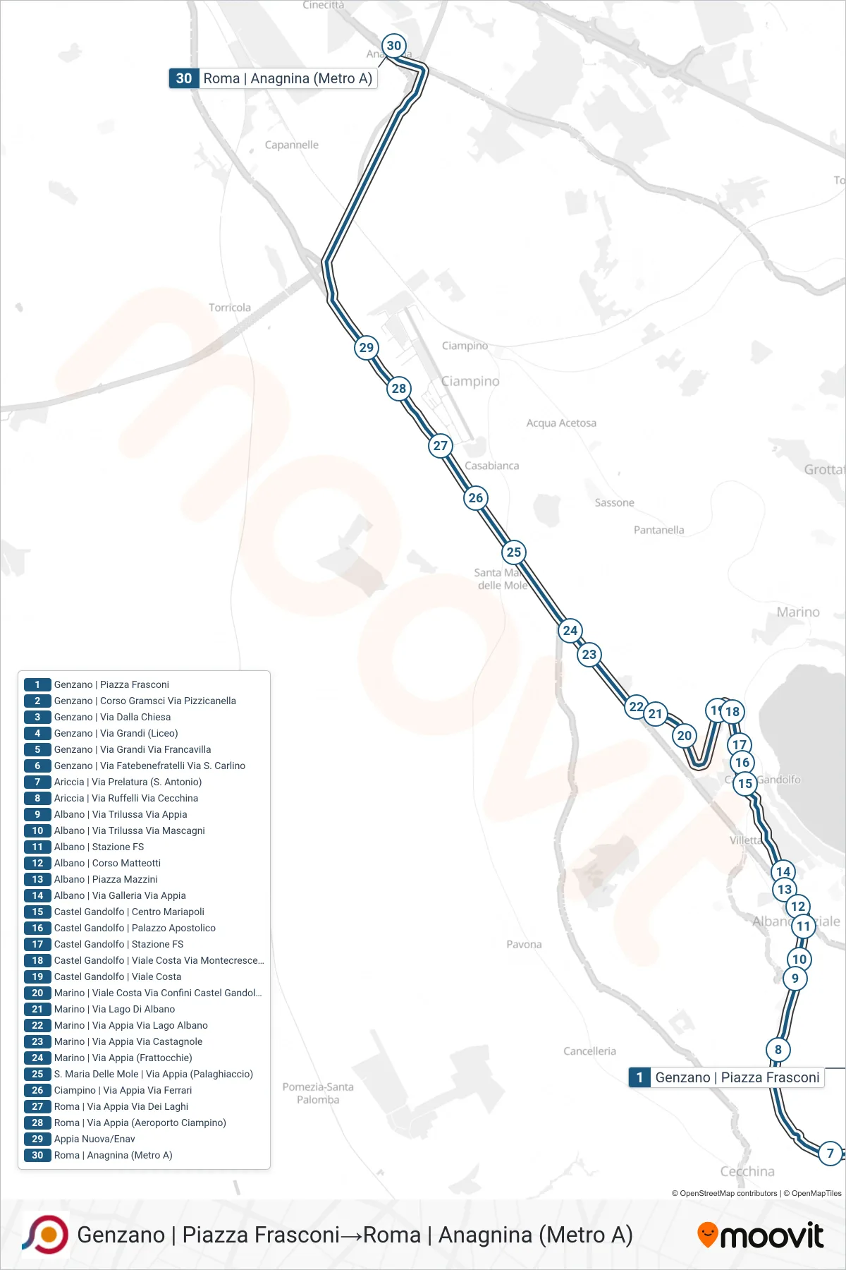 Linea COTRAL bus (Genzano | Piazza Frasconi→Roma | Anagnina (Metro A)) - Percorsi e fermate sulla mappa