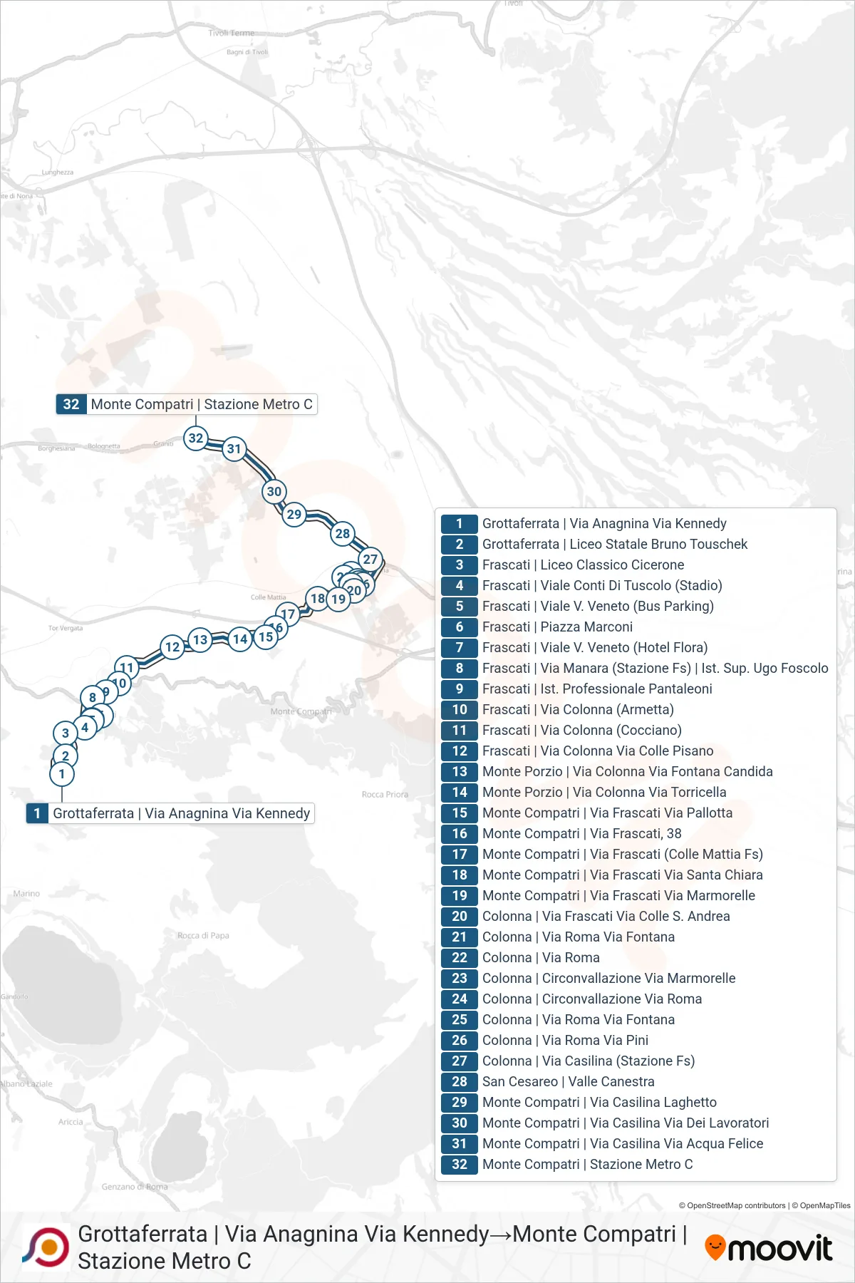 Linea COTRAL bus (Grottaferrata | Via Anagnina Via Kennedy→Monte Compatri | Stazione Metro C) - Percorsi e fermate sulla mappa