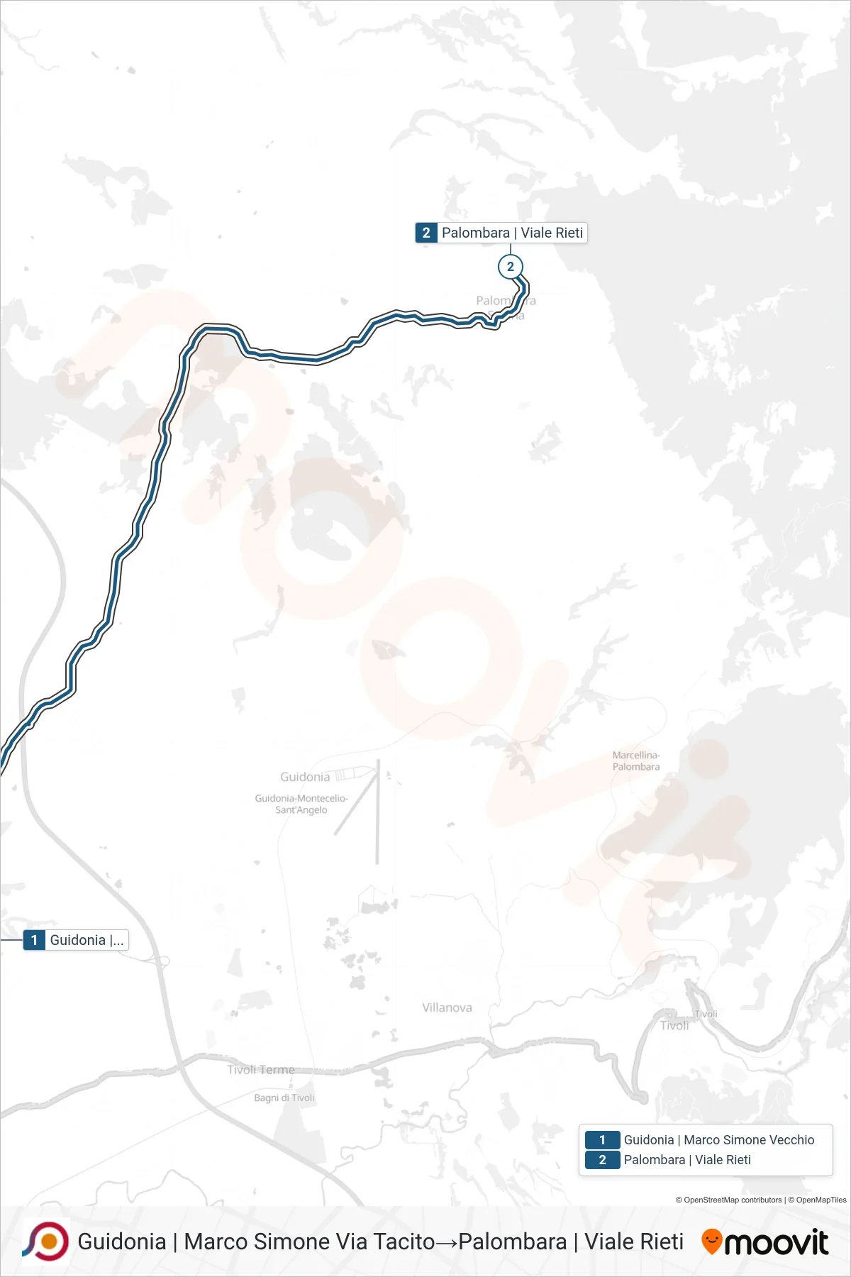 Linea COTRAL bus (Guidonia | Marco Simone Via Tacito→Palombara | Viale Rieti) - Percorsi e fermate sulla mappa