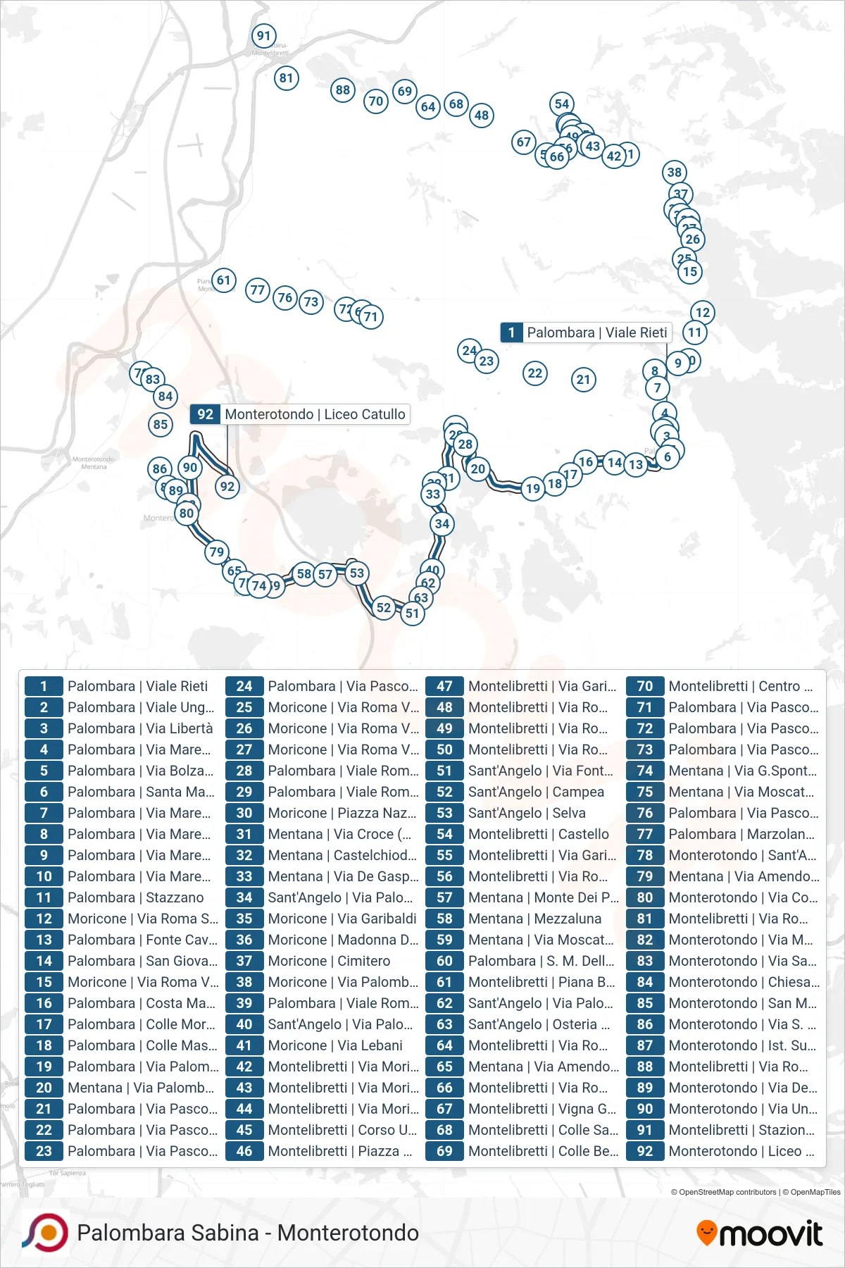COTRAL bus Line (Palombara via Viale Rieti‎→Monterotondo via Catullo High School) route and stops on a map