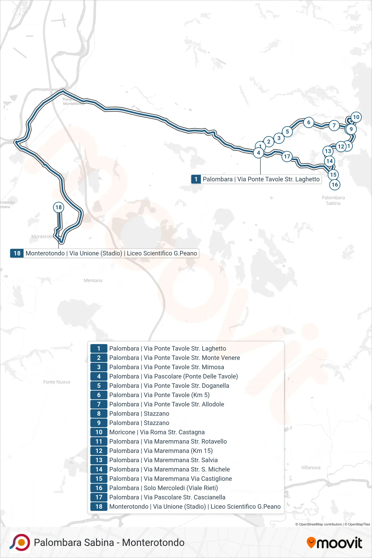 Linea COTRAL  bus (Palombara | Via Pascolare (Ponte Delle Tavole)‎→Monterotondo | Via Unione (Stadio) | Liceo Scientifico G.Peano) - Percorsi e fermate sulla mappa