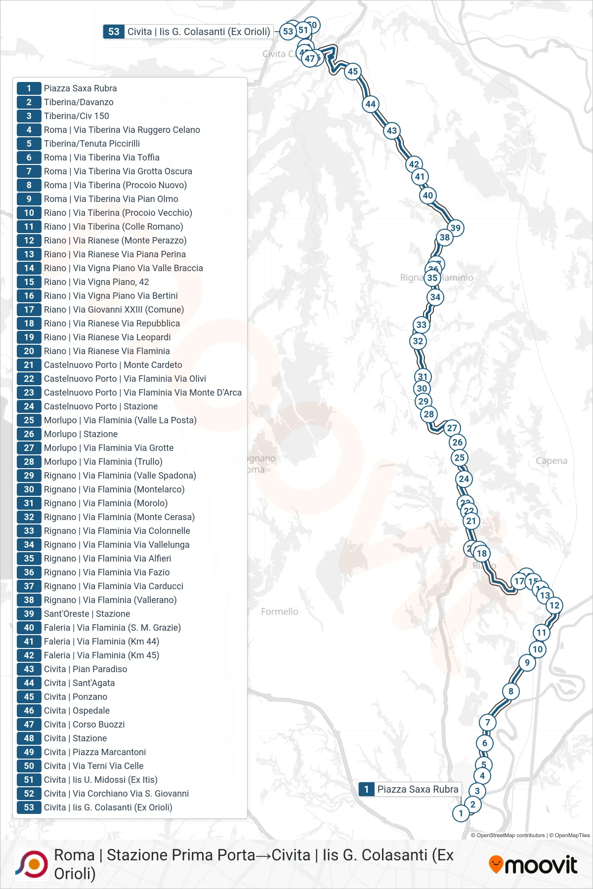 Linea COTRAL  bus (Roma | Stazione Prima Porta‎→Civita | Iis G. Colasanti (Ex Orioli)) - Percorsi e fermate sulla mappa