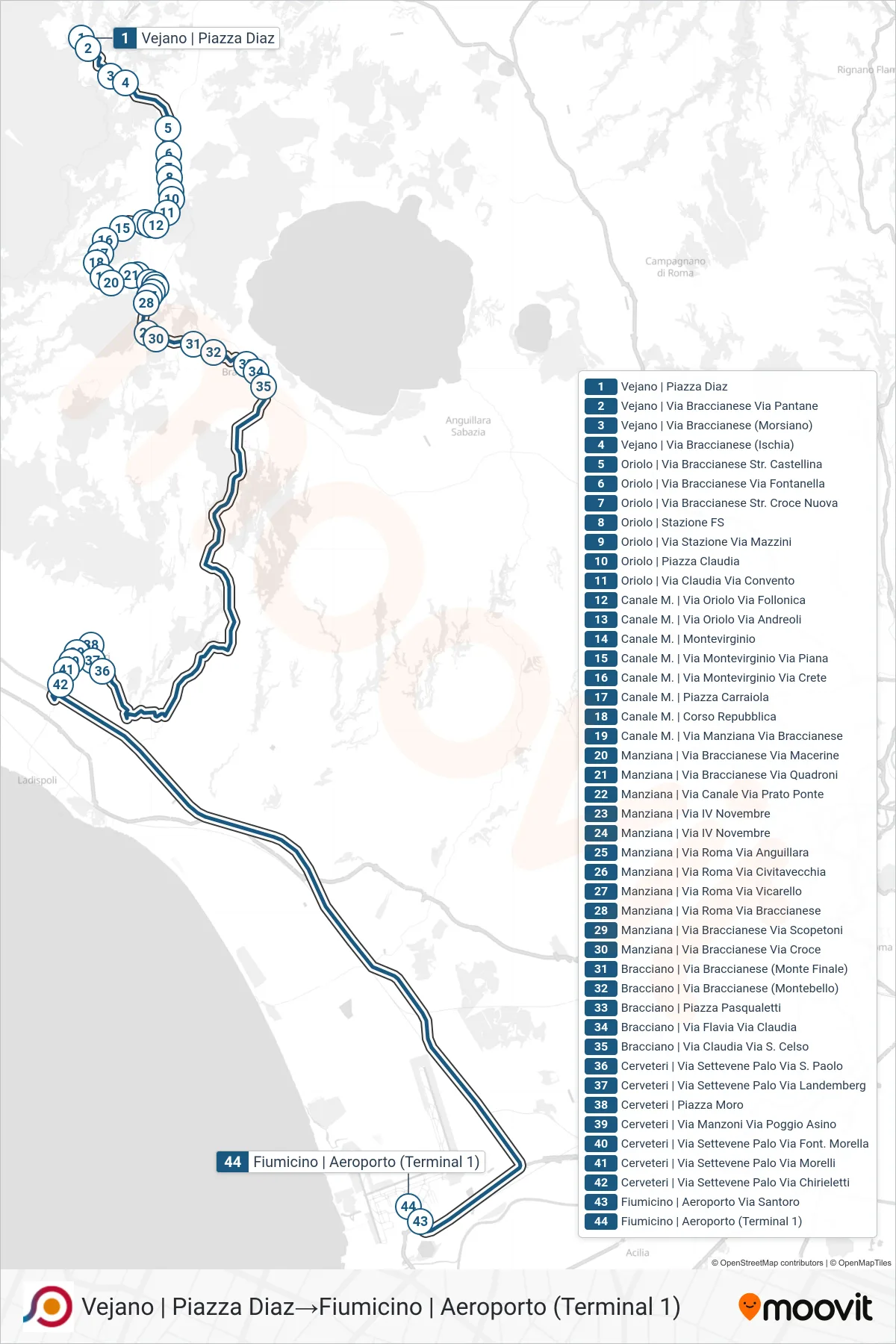 Linea COTRAL bus (Vejano | Piazza Diaz→Fiumicino | Aeroporto (Terminal 1)) - Percorsi e fermate sulla mappa