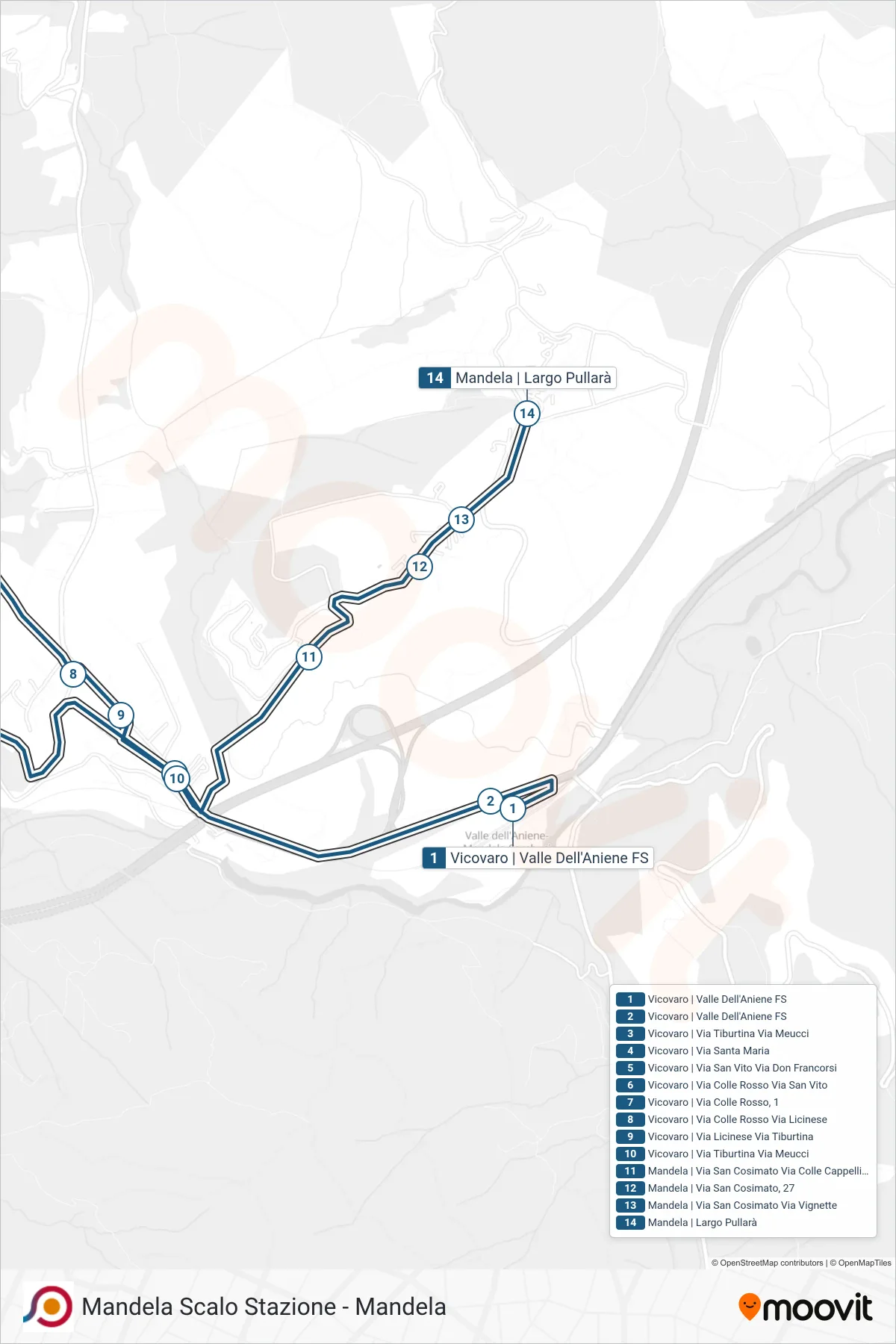 Linea COTRAL bus (Vicovaro | Valle Dell'Aniene FS→Mandela | Largo Pullarà) - Percorsi e fermate sulla mappa