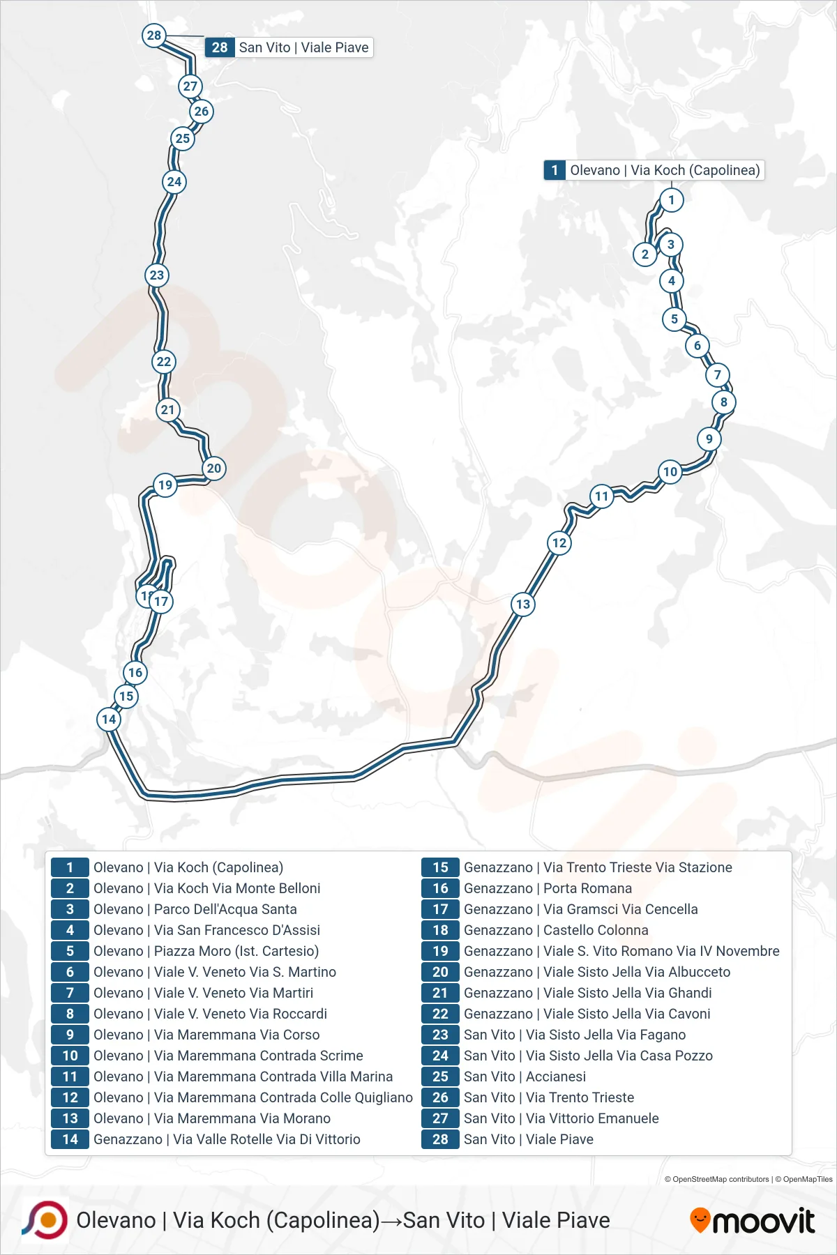 Linea COTRAL  bus (Olevano | Via Koch (Capolinea)‎→San Vito | Viale Piave) - Percorsi e fermate sulla mappa