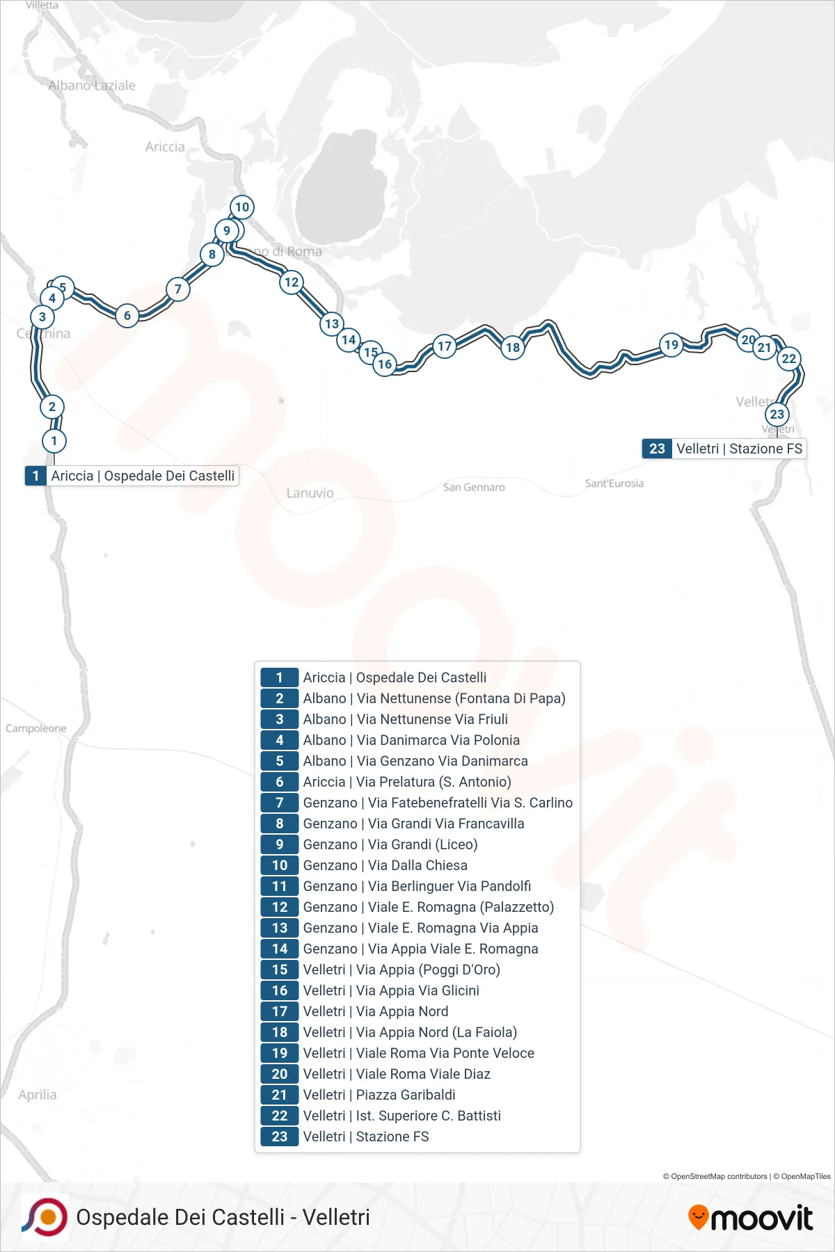 Linea COTRAL bus (Ariccia | Ospedale Dei Castelli→Velletri | Stazione FS) - Percorsi e fermate sulla mappa