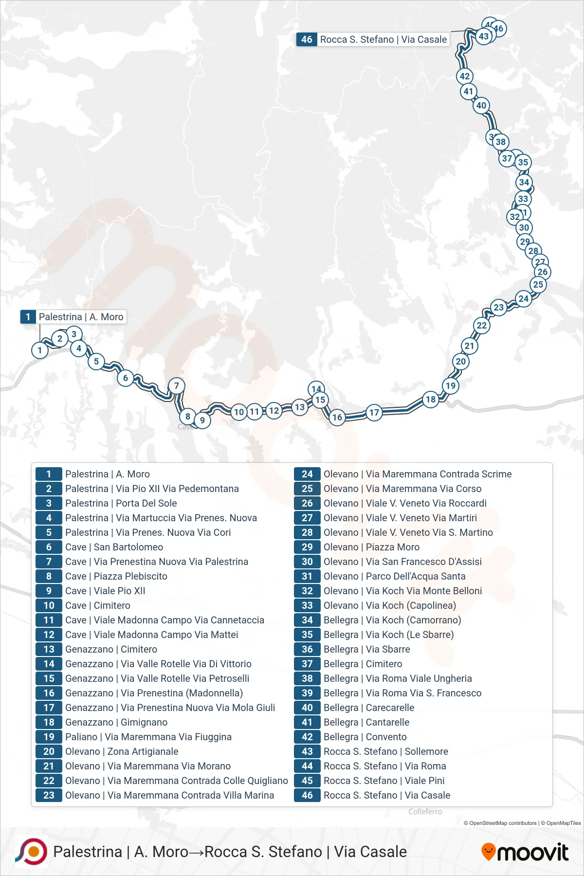 Linea COTRAL  bus (Palestrina | A. Moro‎→Rocca S. Stefano | Via Casale) - Percorsi e fermate sulla mappa