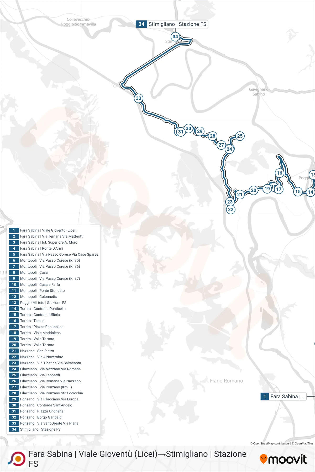 Linea COTRAL bus (Fara Sabina | Viale Gioventù (Licei)→Stimigliano | Stazione FS) - Percorsi e fermate sulla mappa