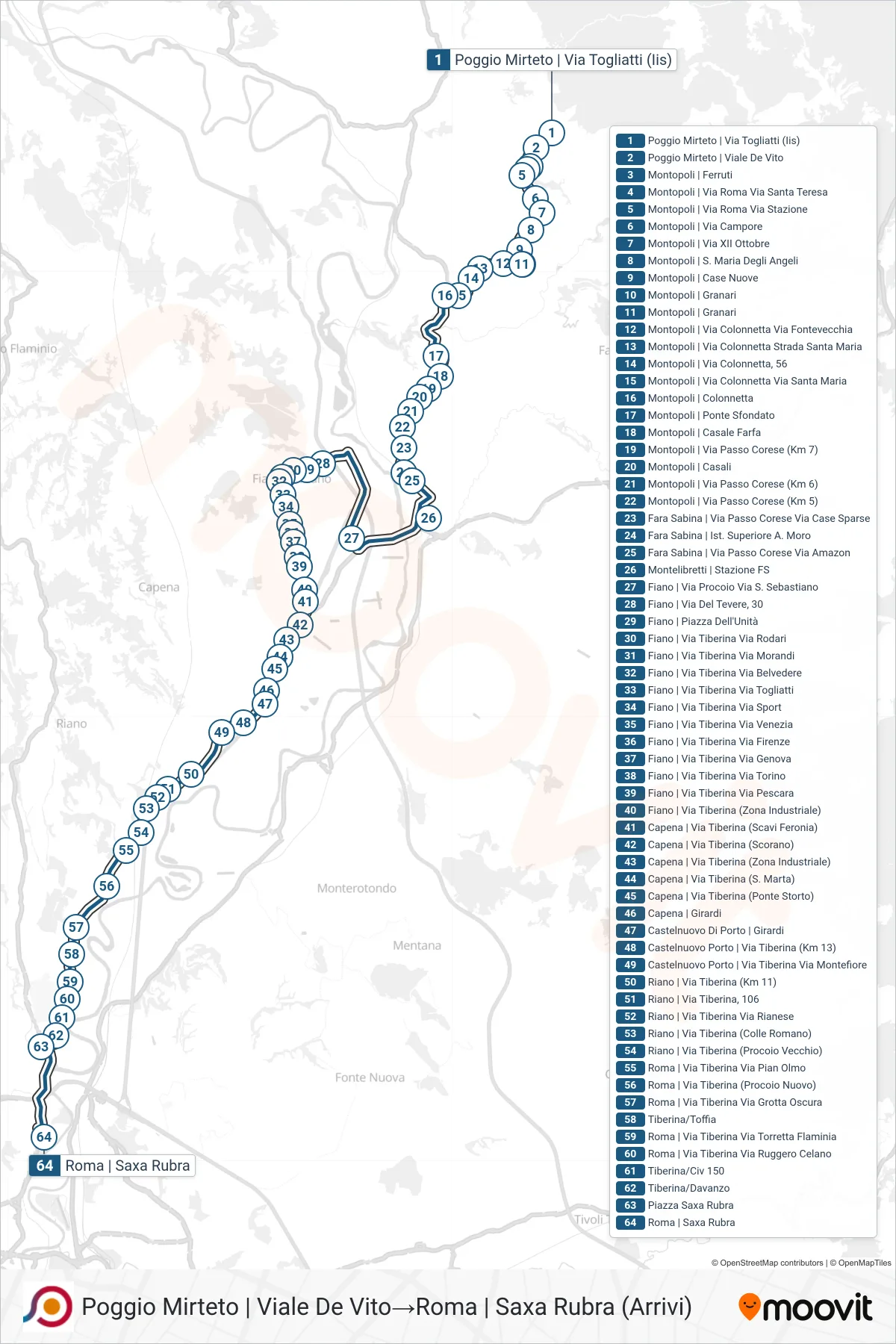 Linea COTRAL bus (Poggio Mirteto | Viale De Vito→Roma | Saxa Rubra (Arrivi)) - Percorsi e fermate sulla mappa