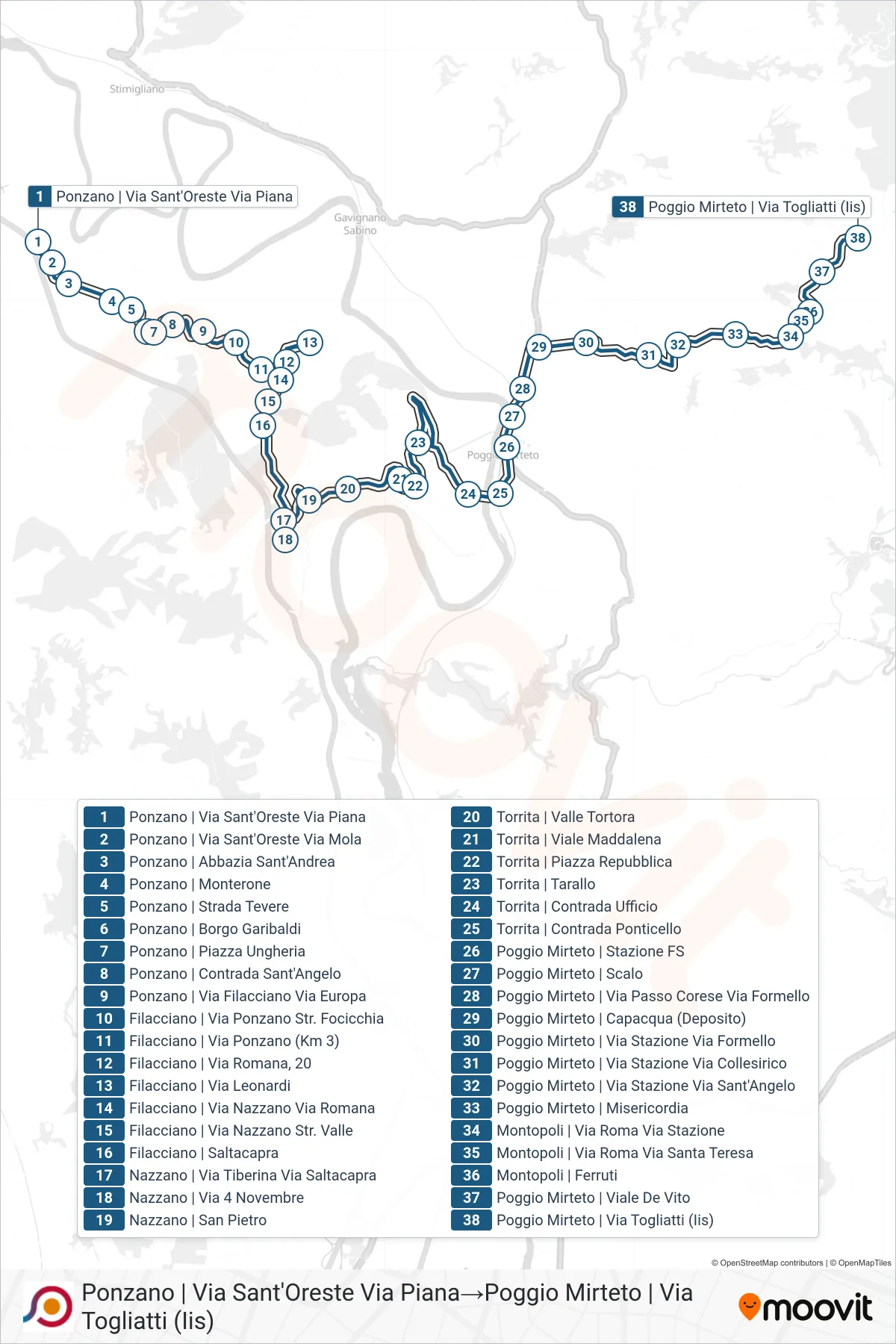 Linea COTRAL bus (Ponzano | Via Sant'Oreste Via Piana→Poggio Mirteto | Via Togliatti (Iis)) - Percorsi e fermate sulla mappa