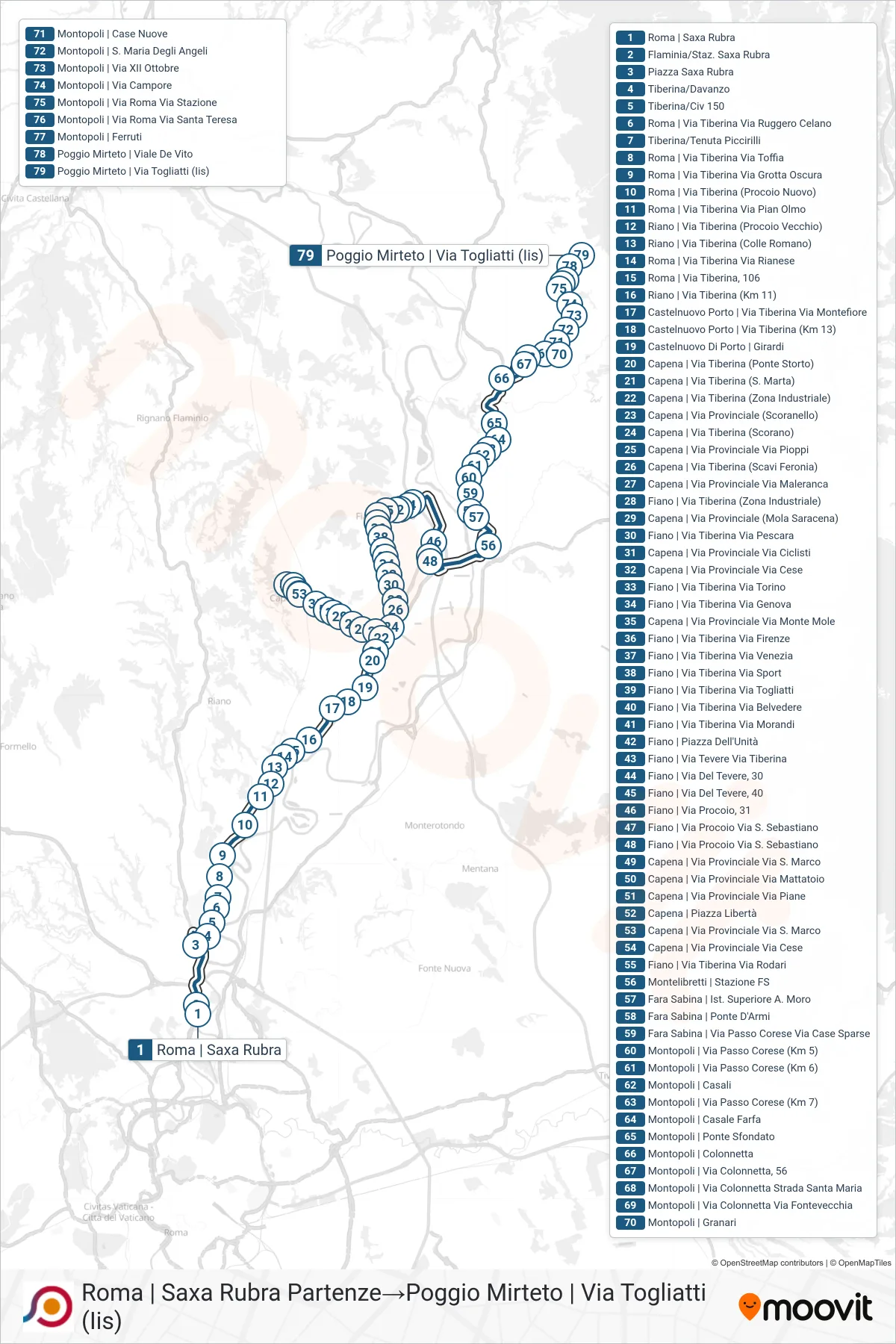 Linea COTRAL  bus (Roma | Saxa Rubra Partenze‎→Poggio Mirteto | Via Togliatti (Iis)) - Percorsi e fermate sulla mappa