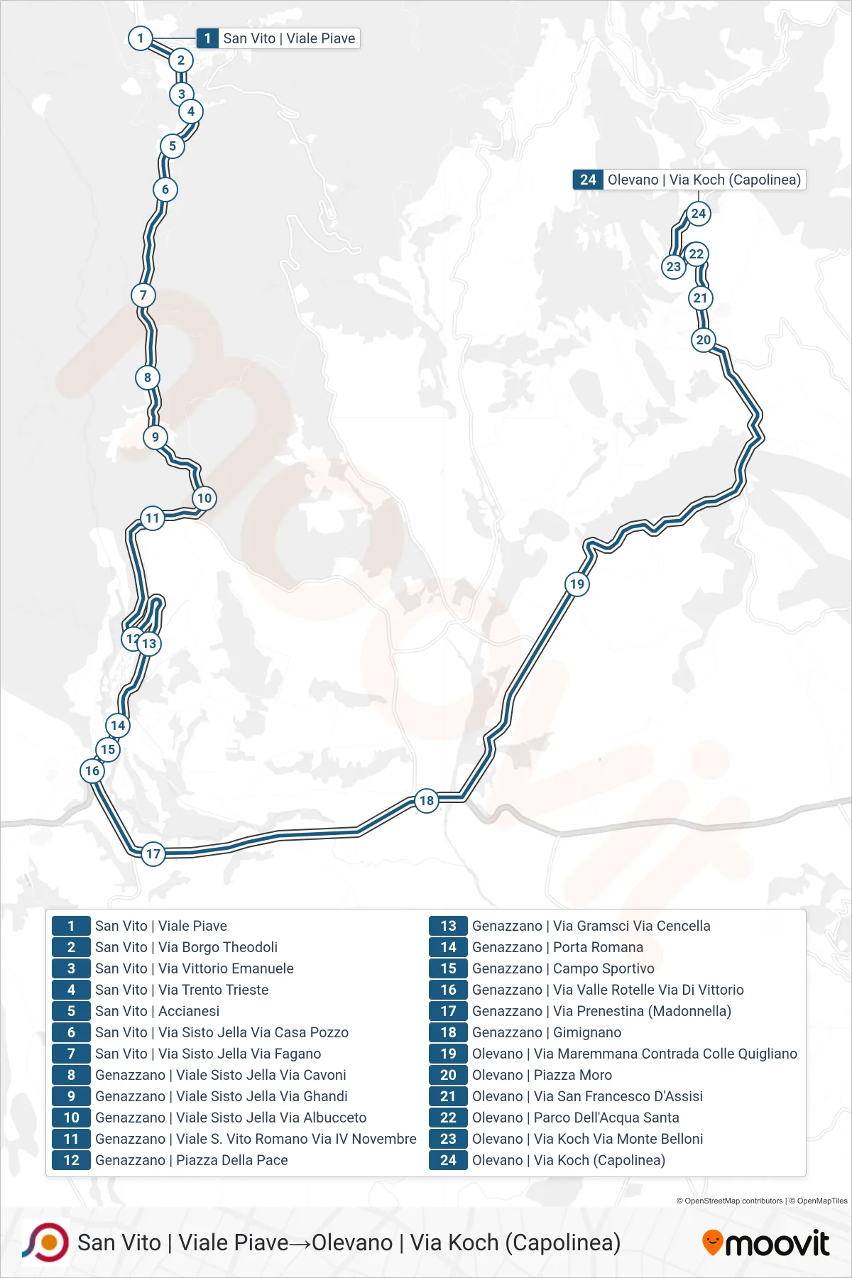 Linea COTRAL bus (San Vito | Viale Piave→Olevano | Via Koch (Capolinea)) - Percorsi e fermate sulla mappa