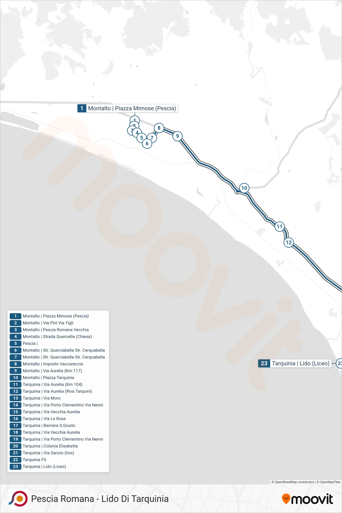 Linea COTRAL  bus (Montalto | Piazza Mimose (Pescia)‎→Tarquinia | Lido (Liceo)) - Percorsi e fermate sulla mappa