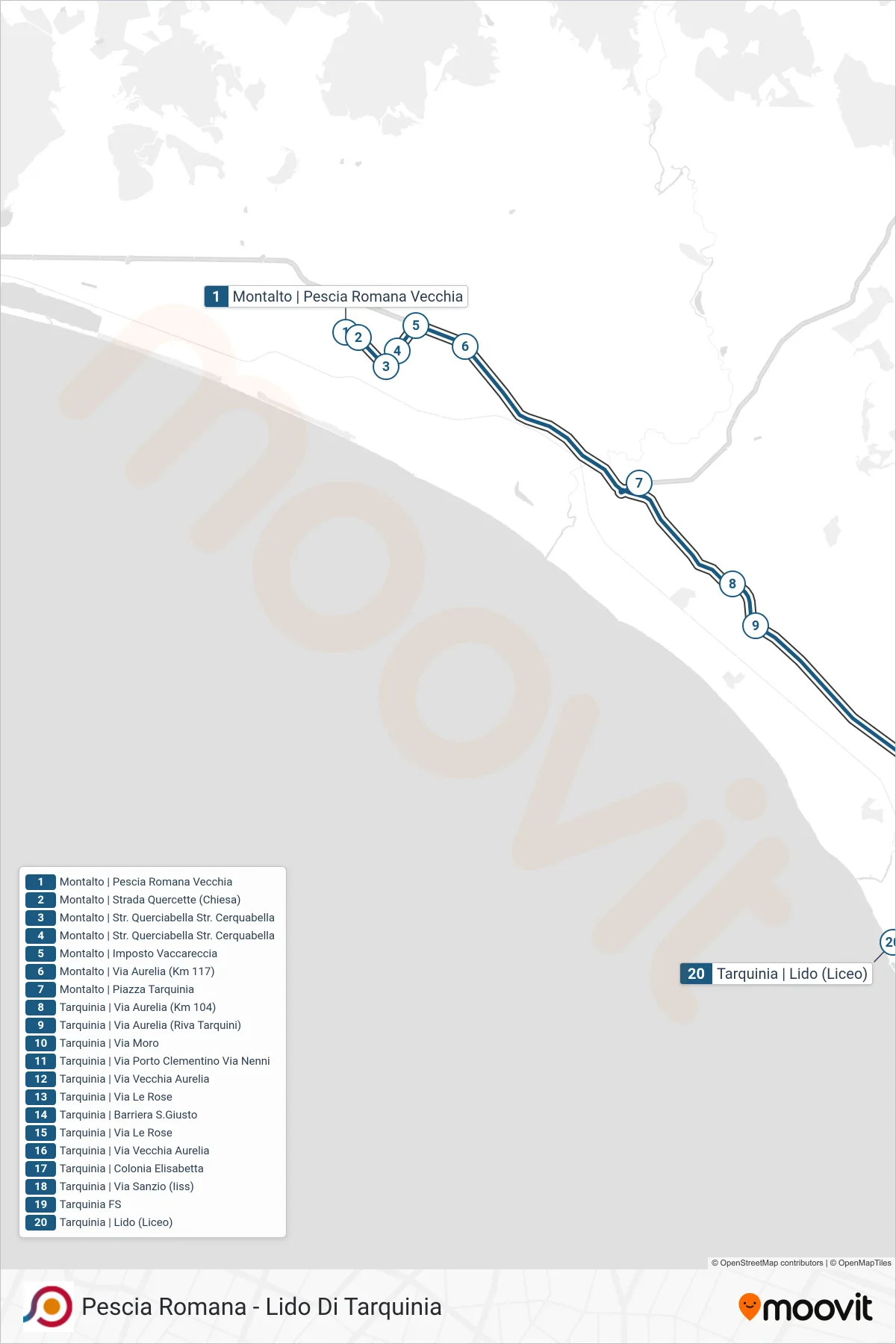 Linea COTRAL bus (Montalto | Pescia Romana Vecchia→Tarquinia | Lido (Liceo)) - Percorsi e fermate sulla mappa